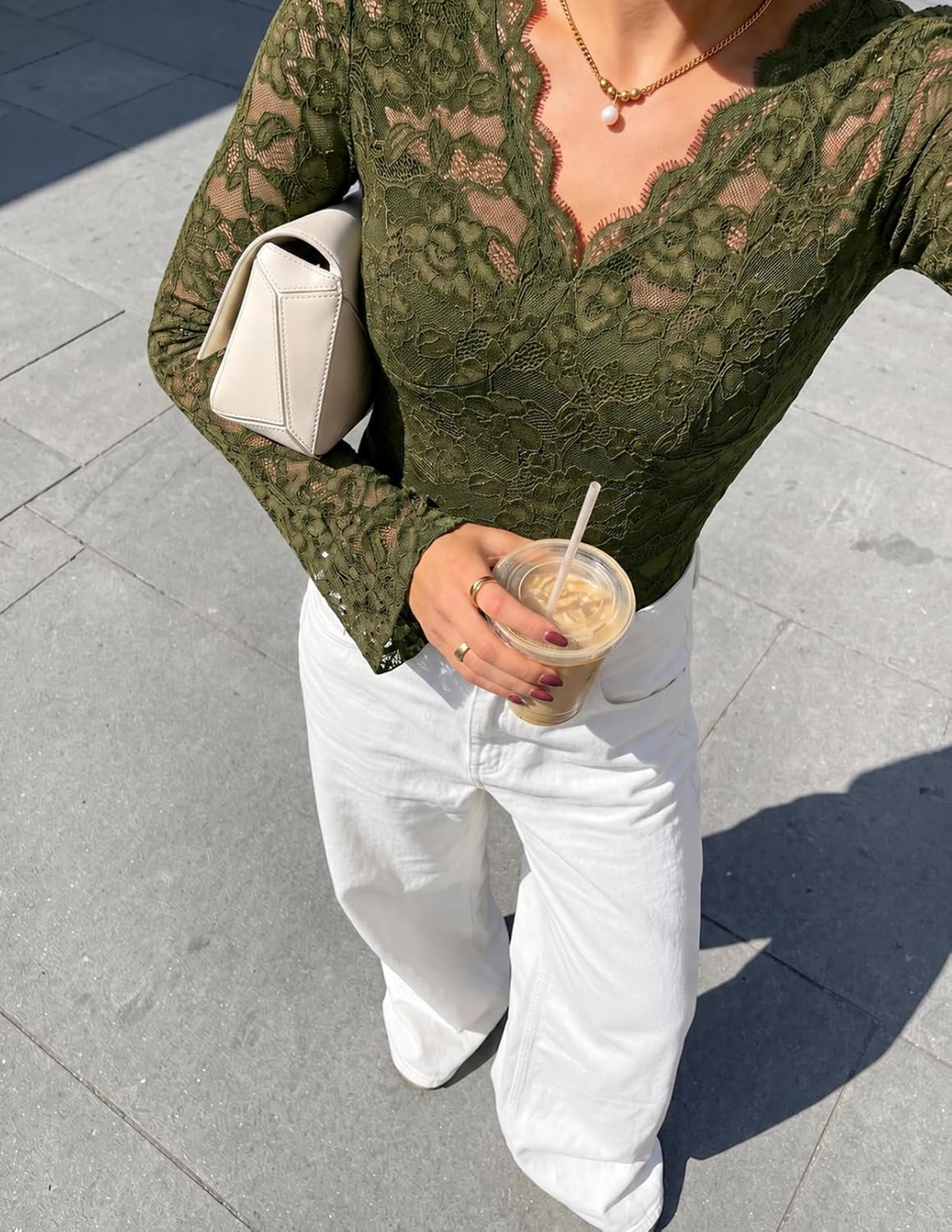 image:imageMEROKEETY Women Fall Lace Long Bell Sleeve Blouse V Neck Dressy Shirt TopsGreen