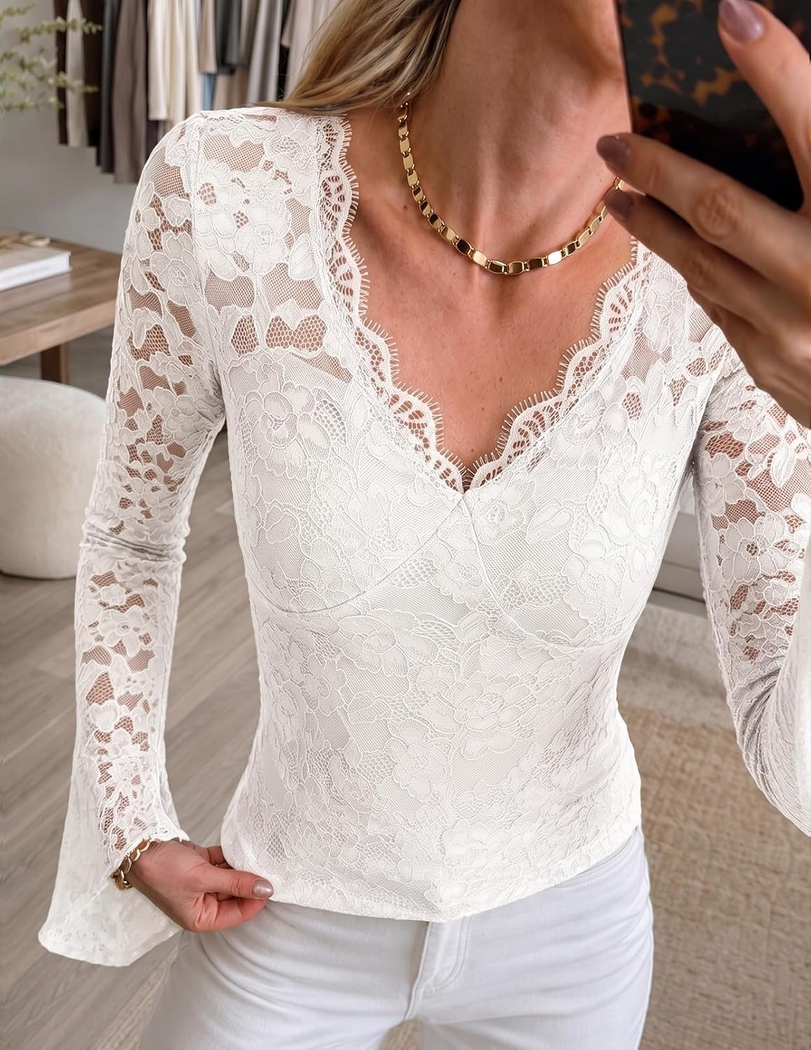 image:imageMEROKEETY Women Fall Lace Long Bell Sleeve Blouse V Neck Dressy Shirt TopsWhite