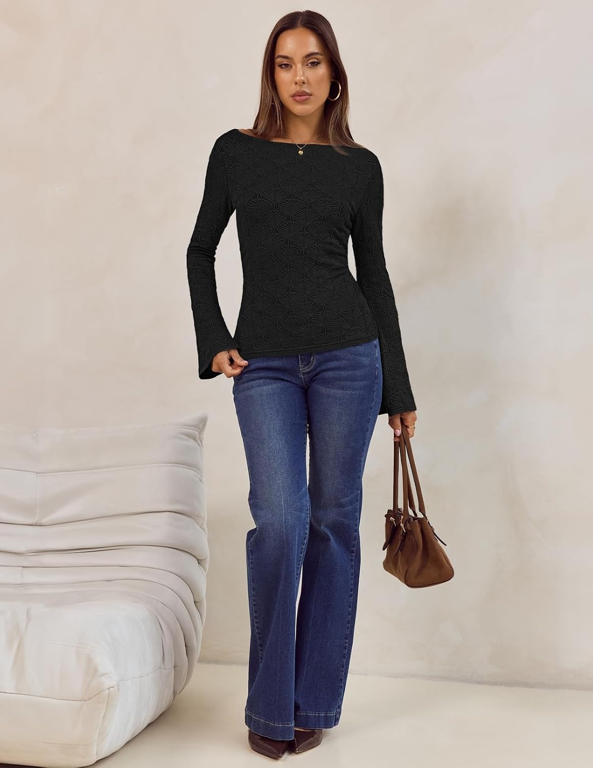 image:imageMEROKEETY Womens 2026 Boat Neck Bell Sleeve Going Out TopsBlack