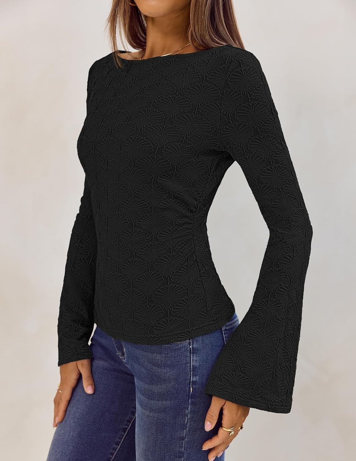 image:imageMEROKEETY Womens 2026 Boat Neck Bell Sleeve Going Out TopsBlack