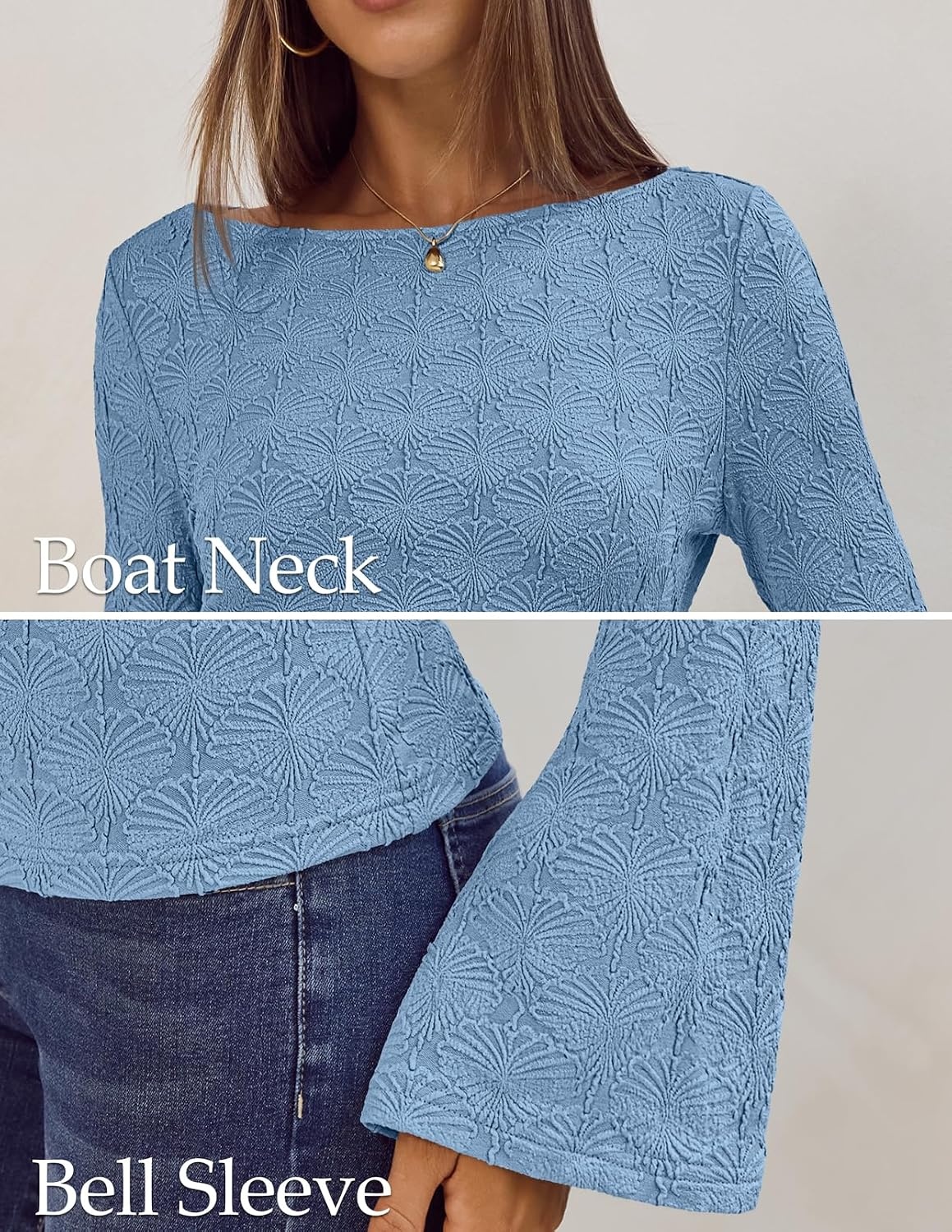 image:imageMEROKEETY Womens 2026 Boat Neck Bell Sleeve Going Out TopsBlue