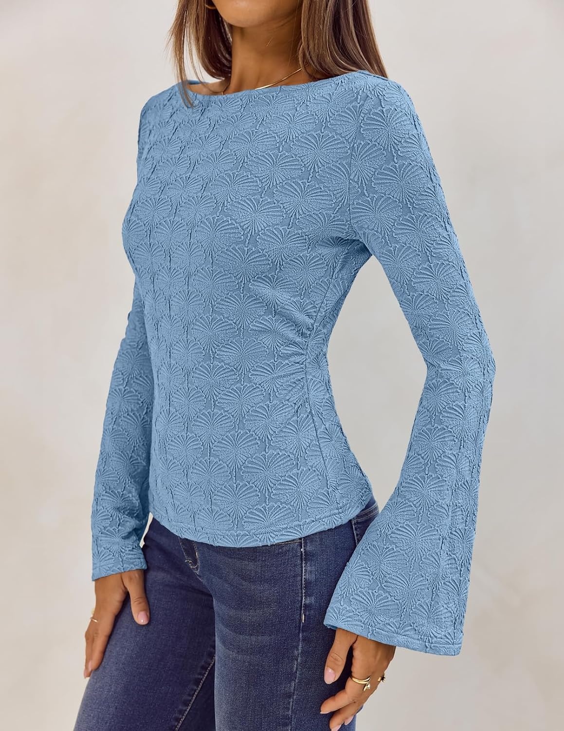image:imageMEROKEETY Womens 2026 Boat Neck Bell Sleeve Going Out TopsBlue