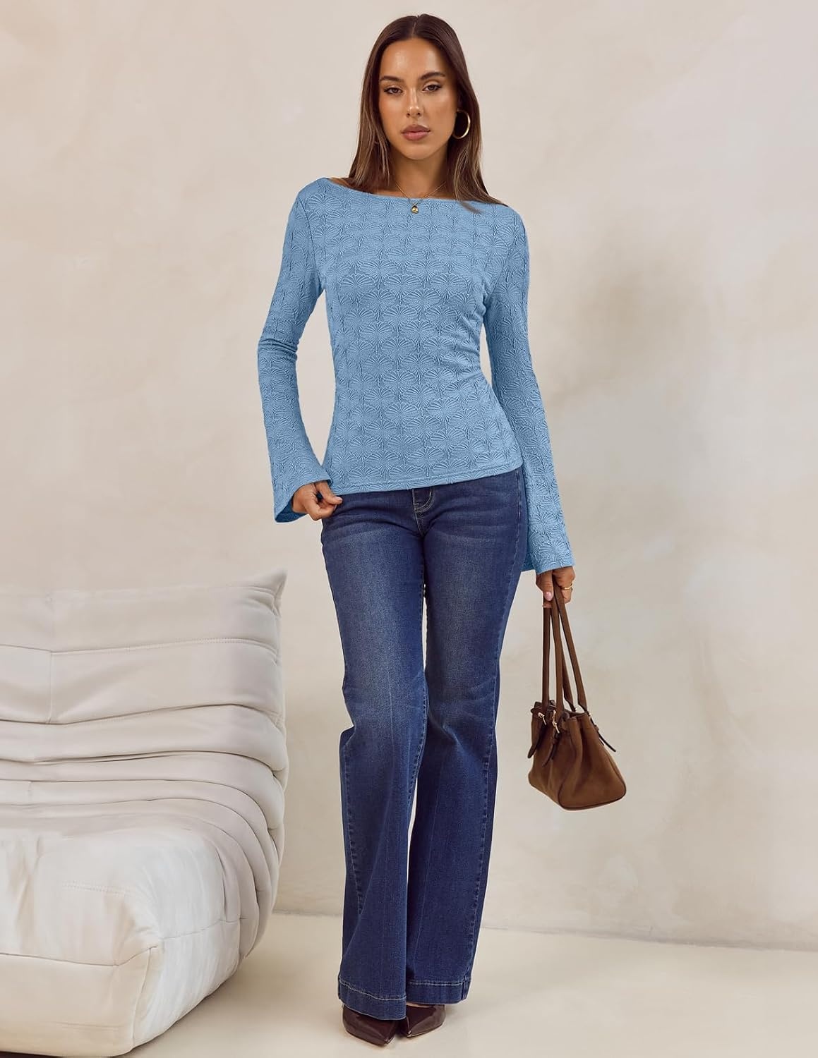 image:imageMEROKEETY Womens 2026 Boat Neck Bell Sleeve Going Out TopsBlue