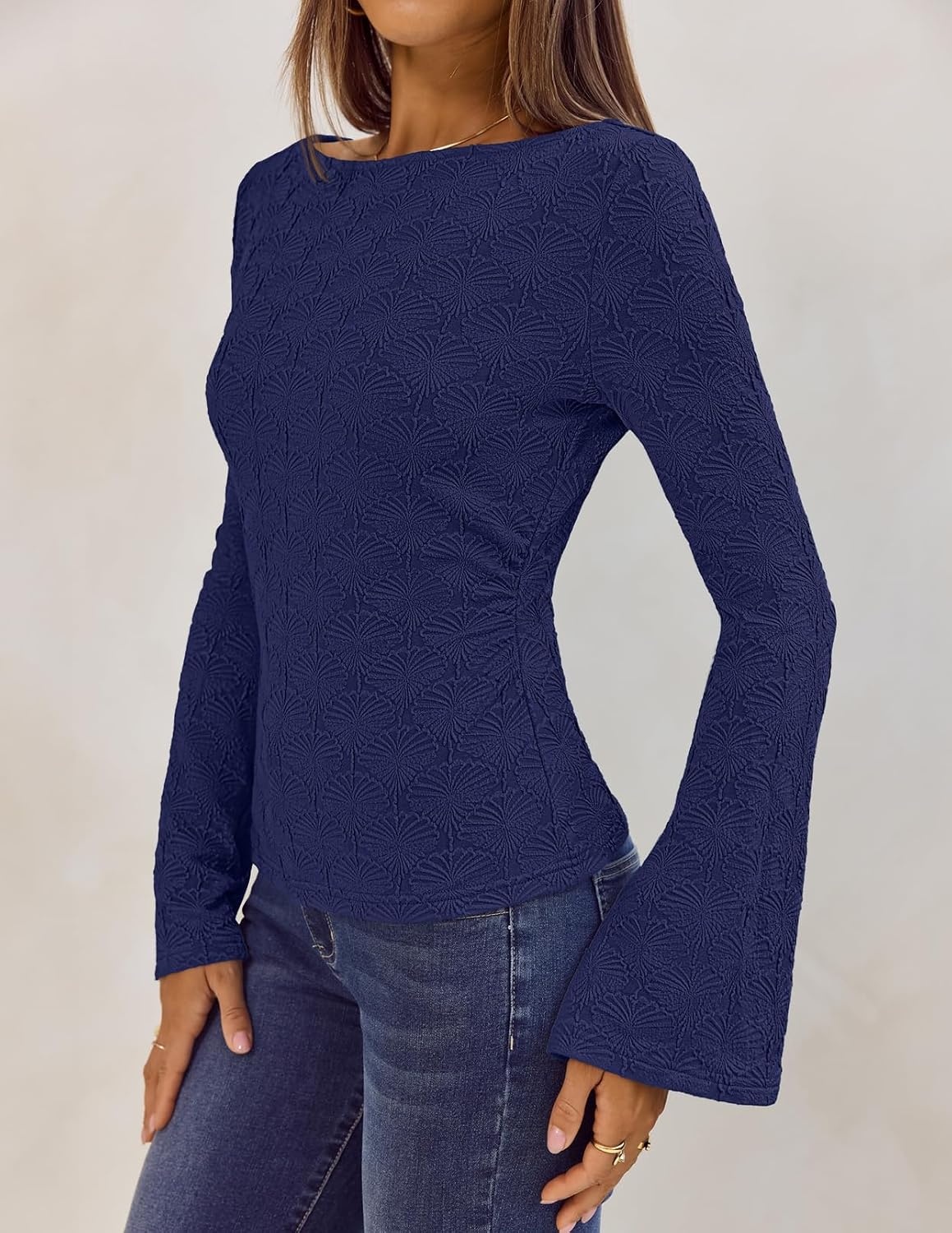 image:imageMEROKEETY Womens 2026 Boat Neck Bell Sleeve Going Out TopsNavy