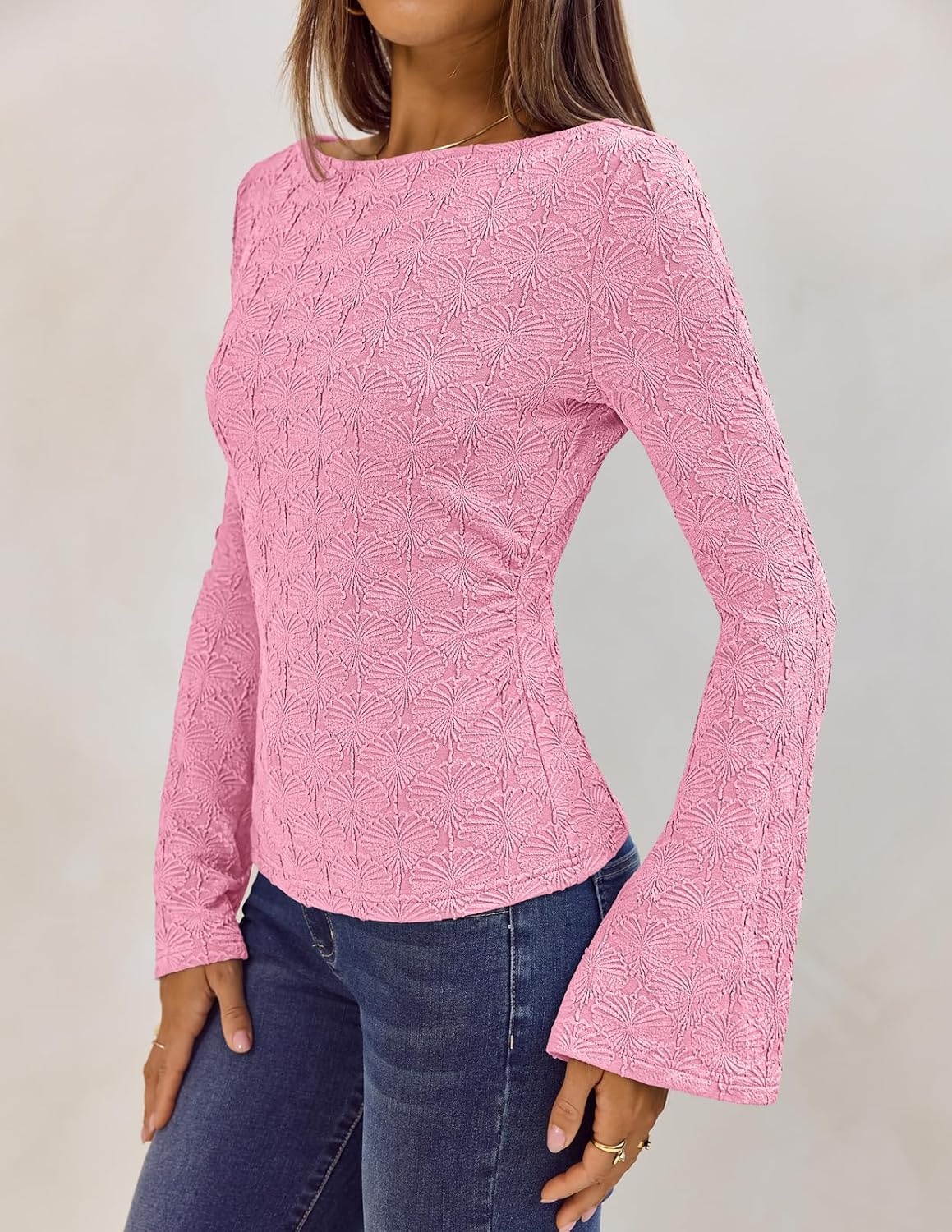 image:imageMEROKEETY Womens 2026 Boat Neck Bell Sleeve Going Out TopsPink