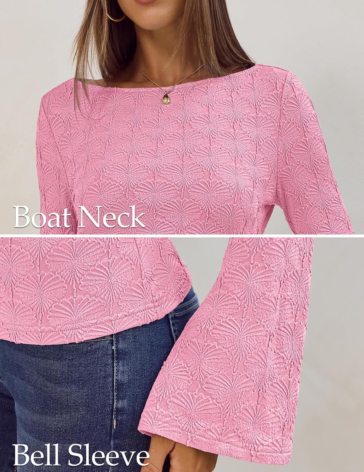 image:imageMEROKEETY Womens 2026 Boat Neck Bell Sleeve Going Out TopsPink