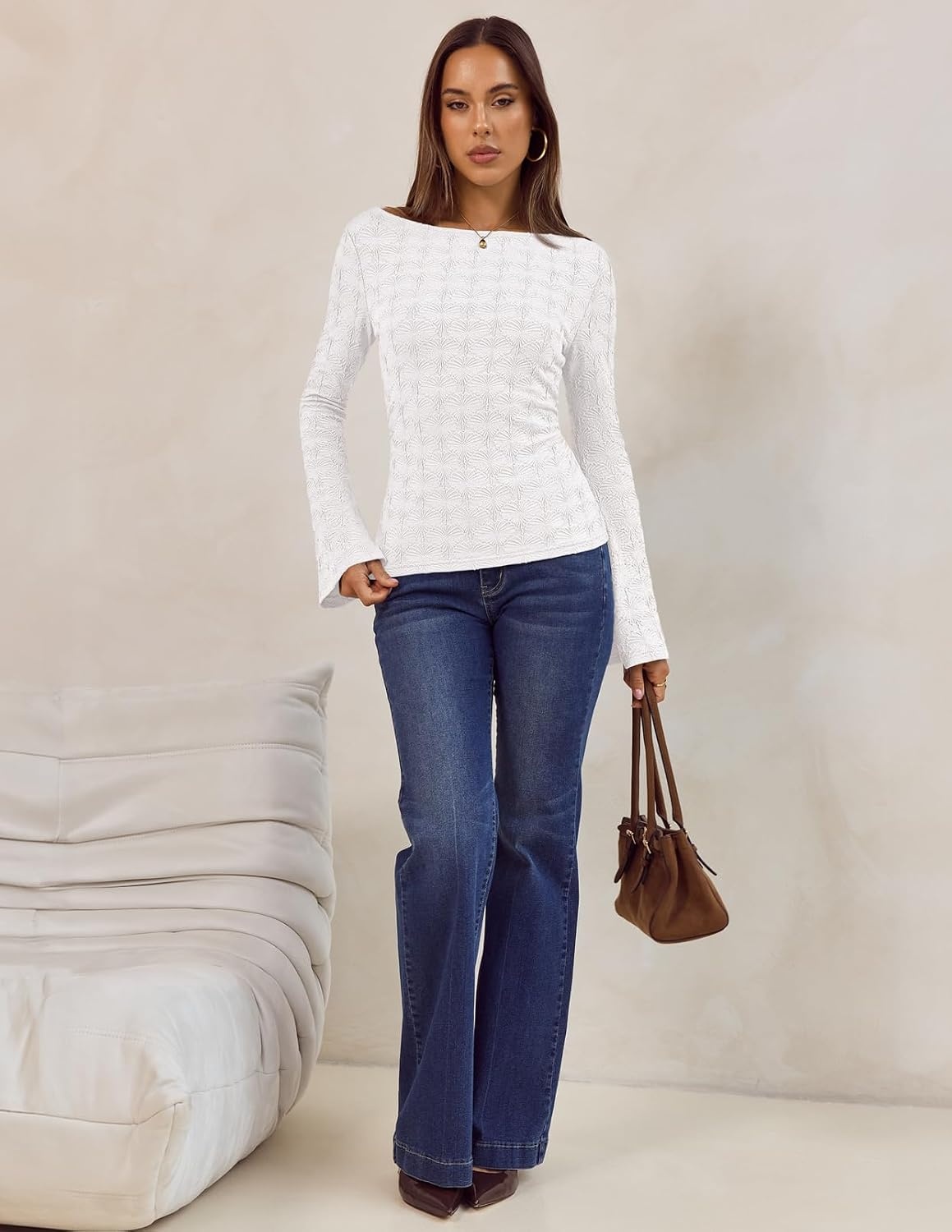 image:imageMEROKEETY Womens 2026 Boat Neck Bell Sleeve Going Out TopsWhite