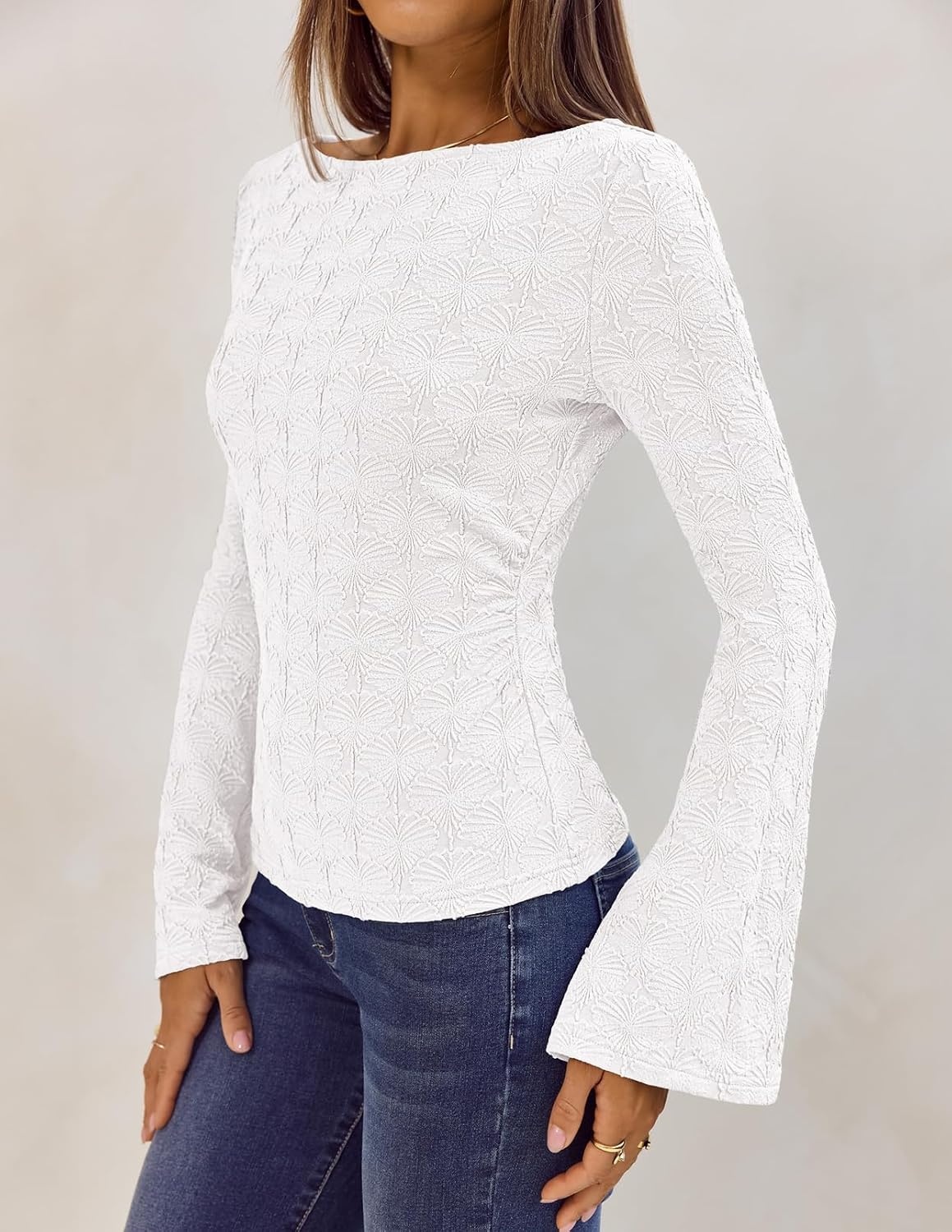 image:imageMEROKEETY Womens 2026 Boat Neck Bell Sleeve Going Out TopsWhite