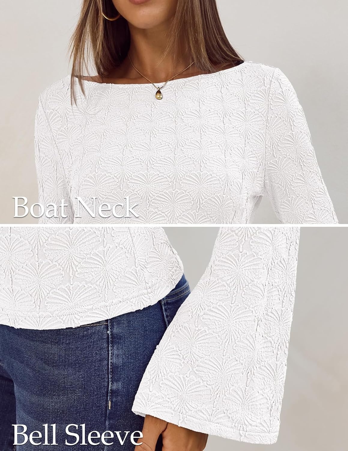 image:imageMEROKEETY Womens 2026 Boat Neck Bell Sleeve Going Out TopsWhite