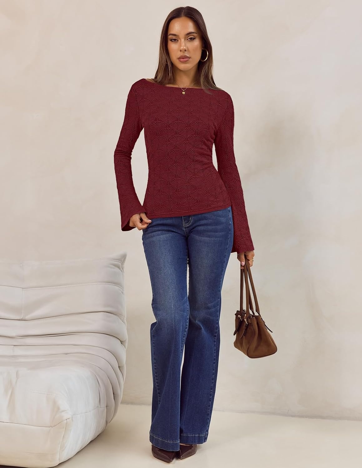 image:imageMEROKEETY Womens 2026 Boat Neck Bell Sleeve Going Out TopsWine