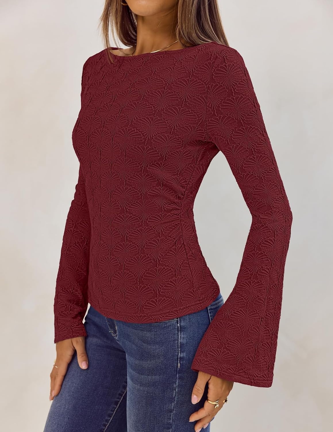 image:imageMEROKEETY Womens 2026 Boat Neck Bell Sleeve Going Out TopsWine