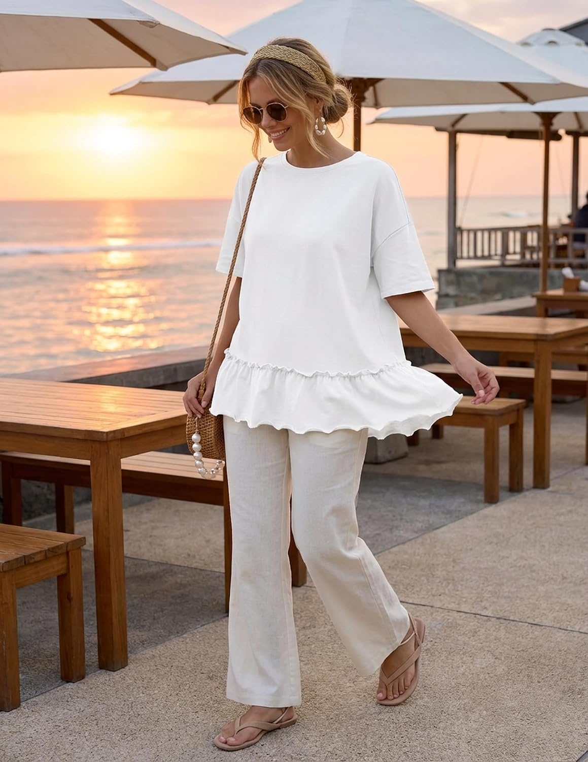image:imageMEROKEETY Womens 2026 Summer Short Sleeve Peplum Casual Ruffle TopsWhite