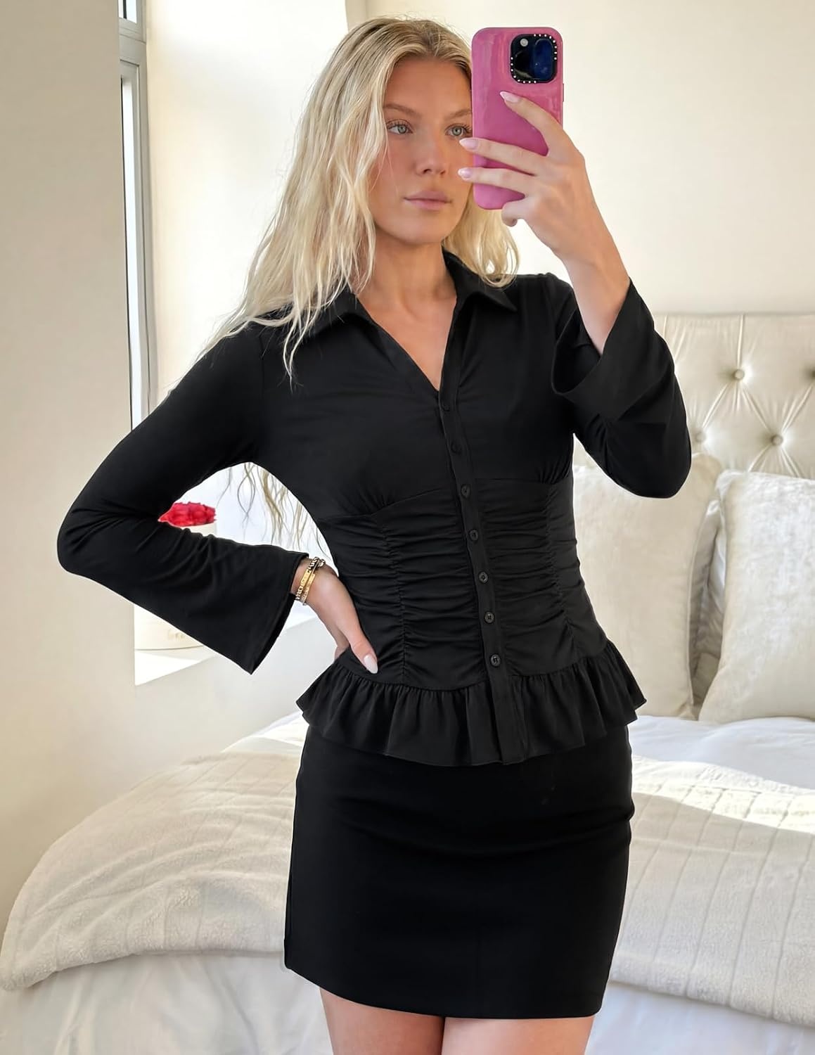 image:imageMEROKEETY Womens Business Casual Long Sleeve Button Down Shirts Ruched TopsBlack