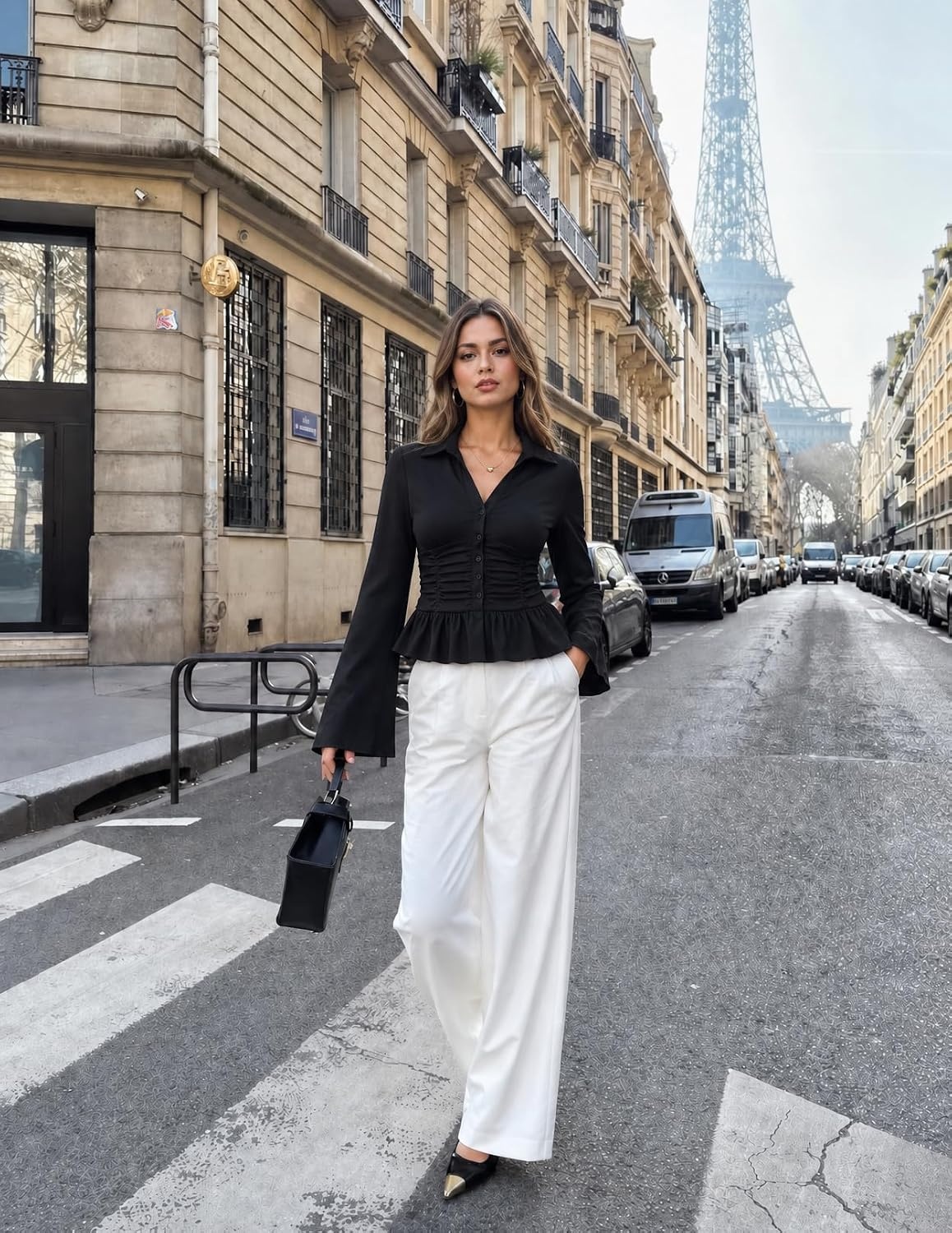 image:imageMEROKEETY Womens Business Casual Long Sleeve Button Down Shirts Ruched TopsBlack