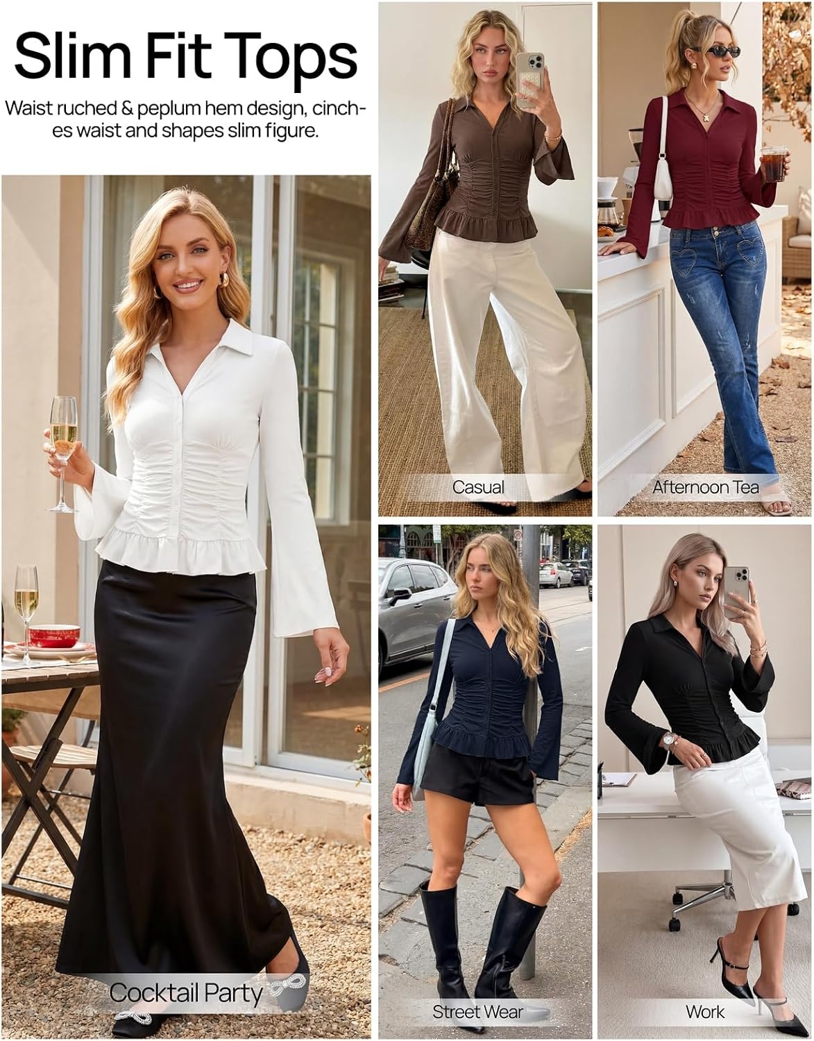 image:imageMEROKEETY Womens Business Casual Long Sleeve Button Down Shirts Ruched TopsBrown