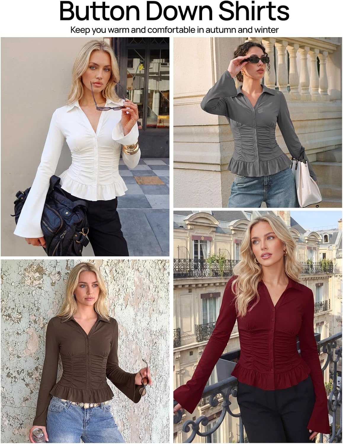 image:imageMEROKEETY Womens Business Casual Long Sleeve Button Down Shirts Ruched TopsGray
