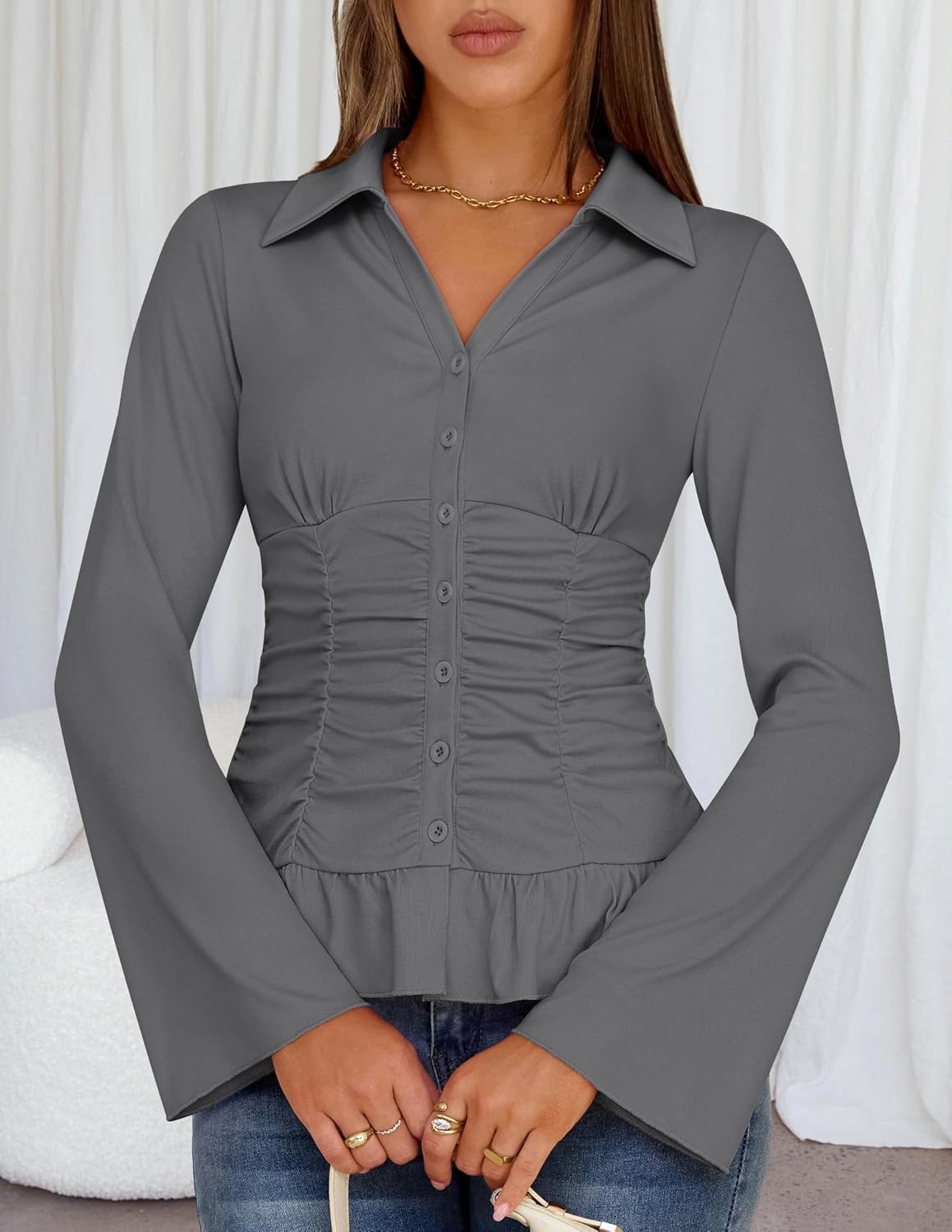 image:imageMEROKEETY Womens Business Casual Long Sleeve Button Down Shirts Ruched TopsGray
