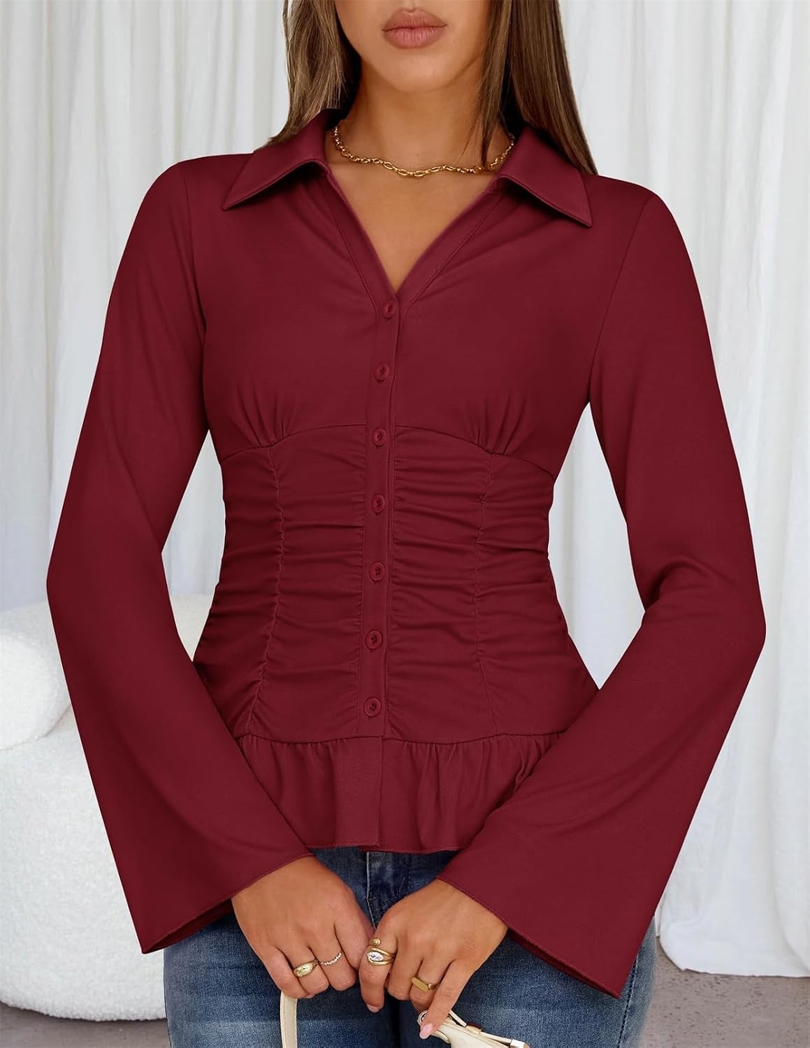 image:imageMEROKEETY Womens Business Casual Long Sleeve Button Down Shirts Ruched TopsWine