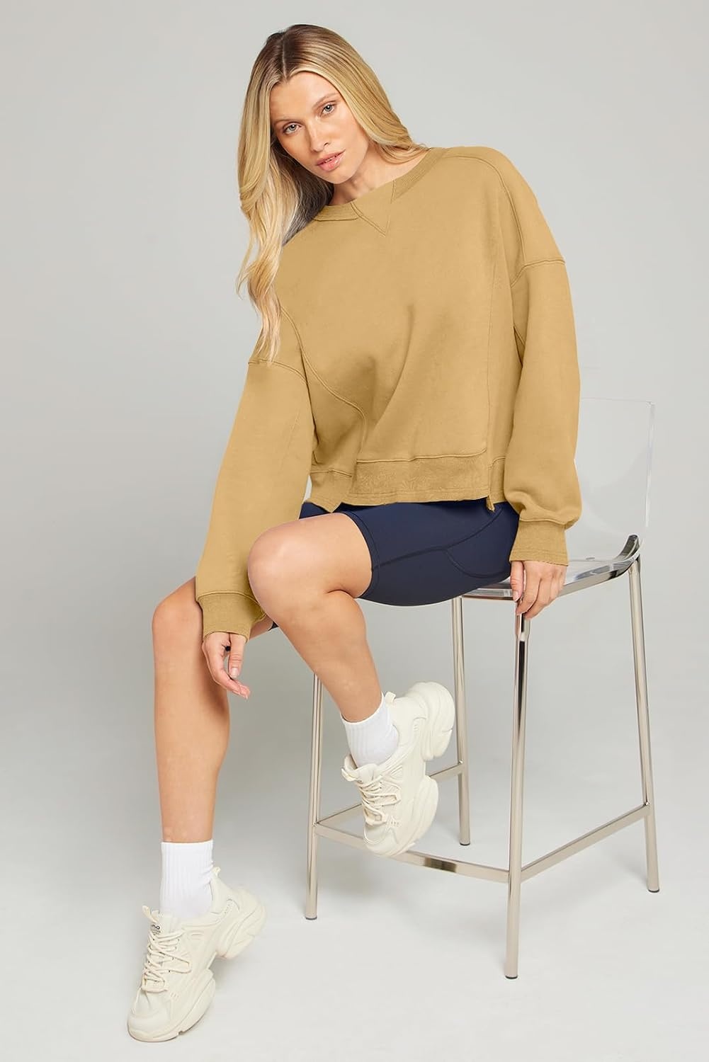 image:imageMEROKEETY Womens Crewneck Cropped Sweatshirts Trendy Oversized PulloverApricot