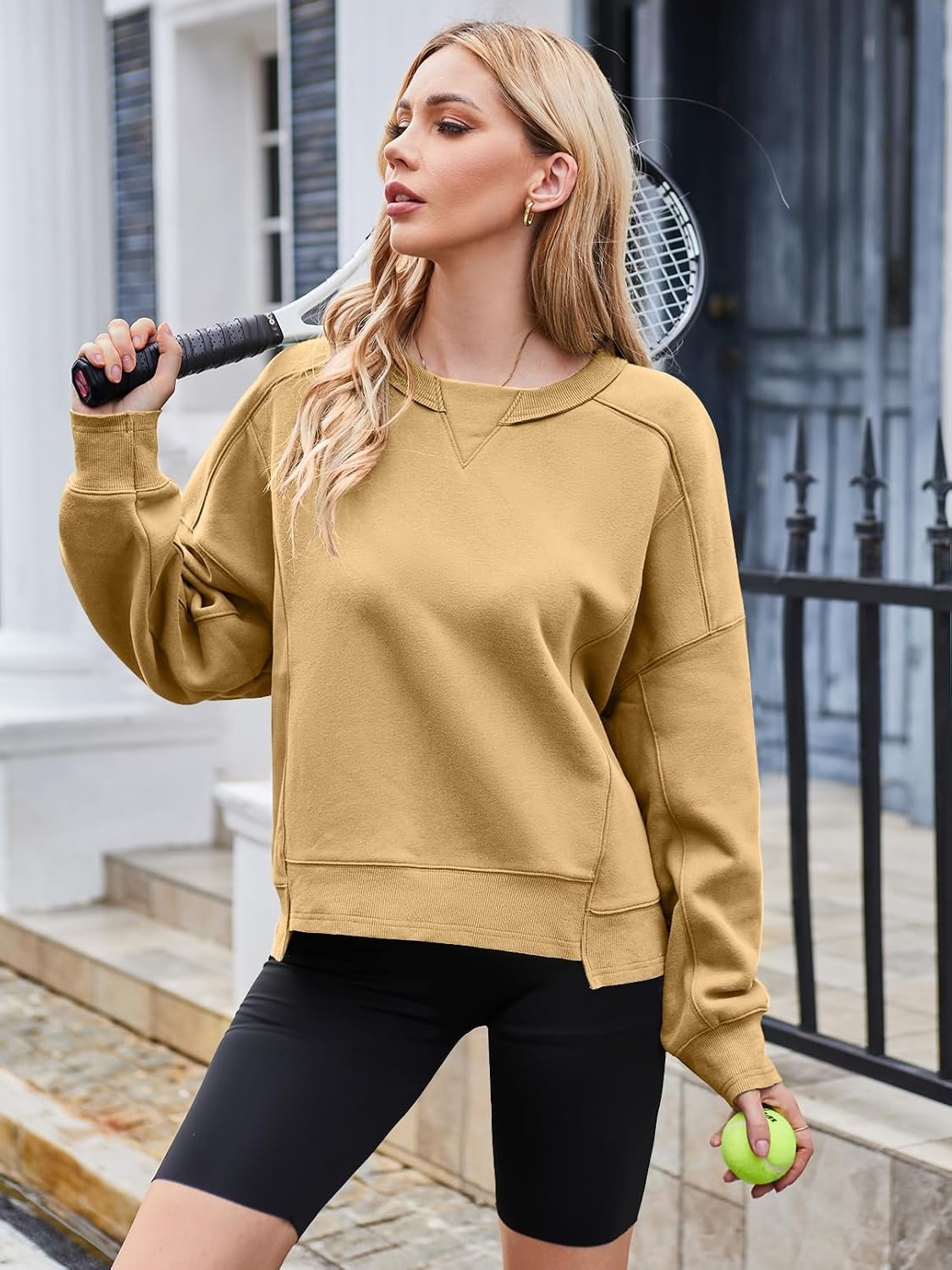 image:imageMEROKEETY Womens Crewneck Cropped Sweatshirts Trendy Oversized PulloverApricot