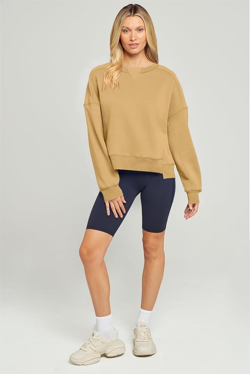 image:imageMEROKEETY Womens Crewneck Cropped Sweatshirts Trendy Oversized PulloverApricot