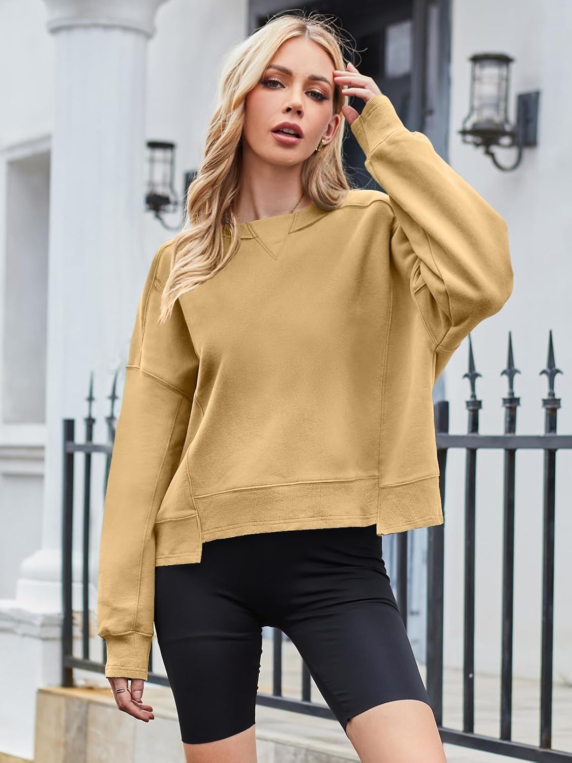 image:imageMEROKEETY Womens Crewneck Cropped Sweatshirts Trendy Oversized PulloverApricot