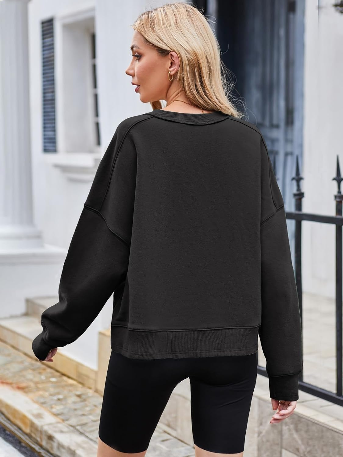 image:imageMEROKEETY Womens Crewneck Cropped Sweatshirts Trendy Oversized PulloverBlack