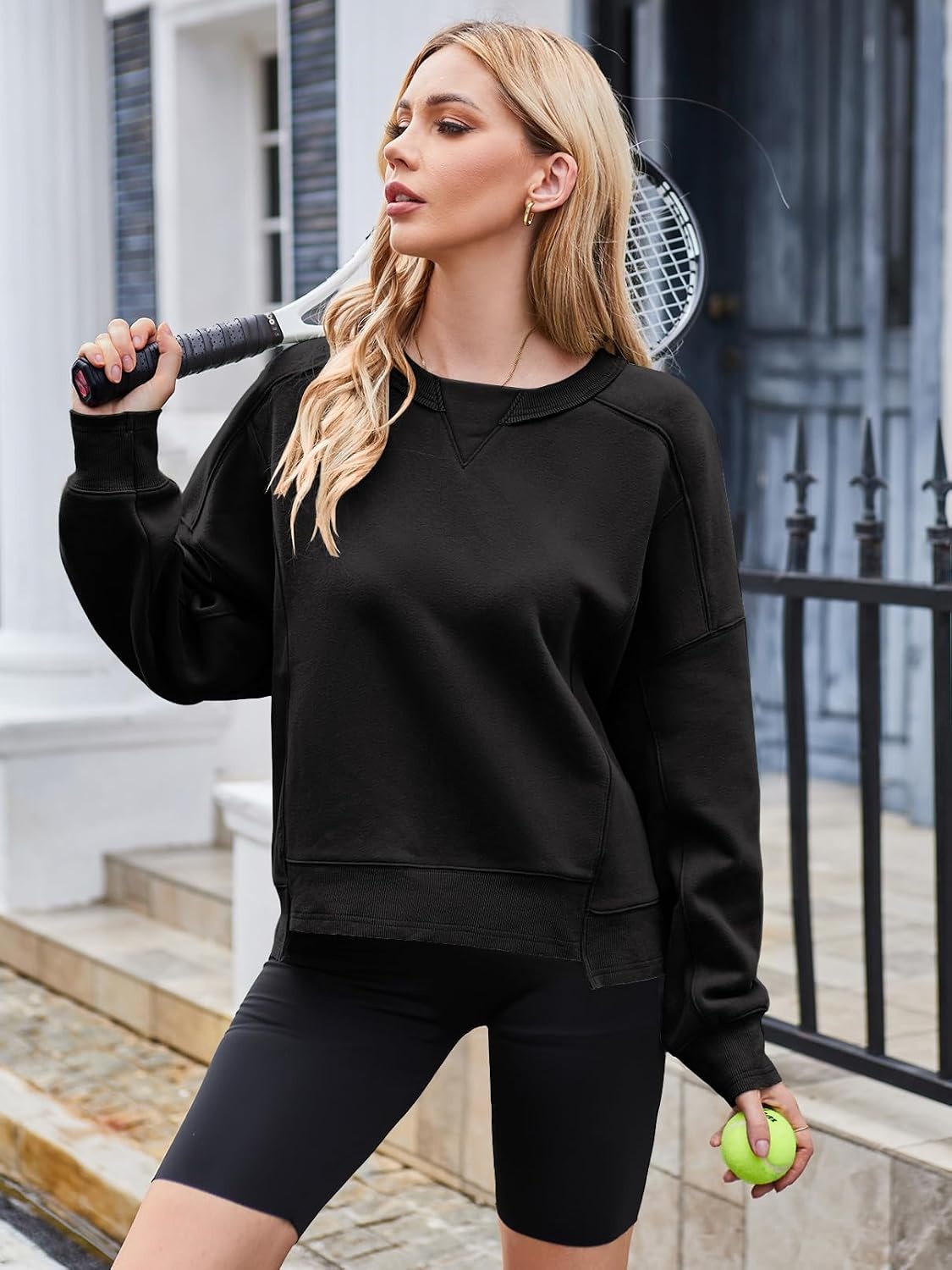 image:imageMEROKEETY Womens Crewneck Cropped Sweatshirts Trendy Oversized PulloverBlack