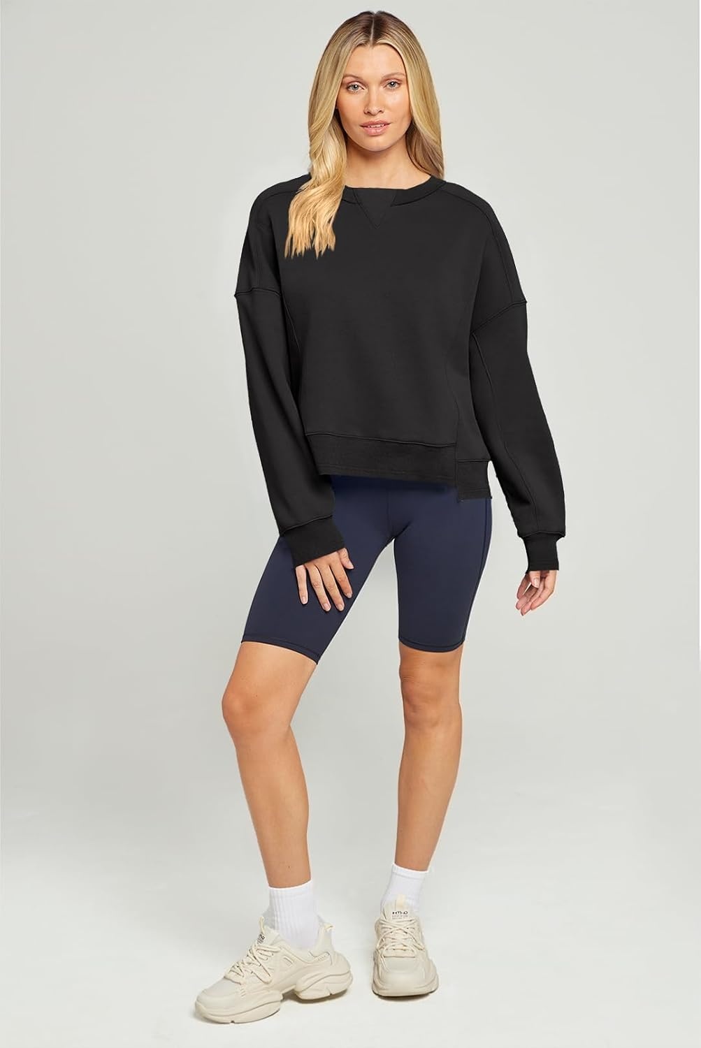 image:imageMEROKEETY Womens Crewneck Cropped Sweatshirts Trendy Oversized PulloverBlack