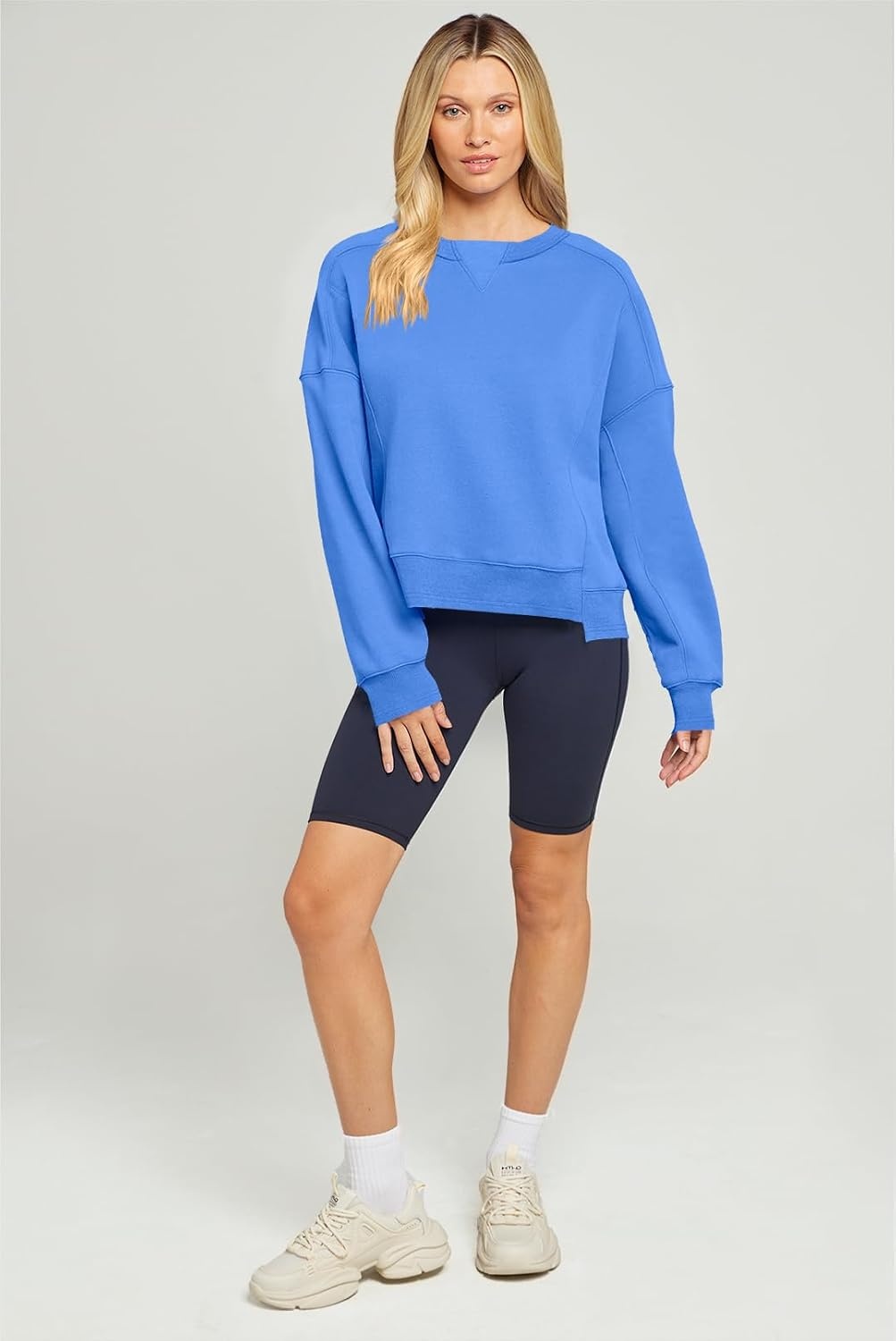 image:imageMEROKEETY Womens Crewneck Cropped Sweatshirts Trendy Oversized PulloverBlue
