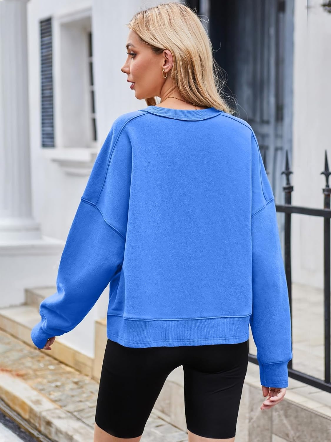 image:imageMEROKEETY Womens Crewneck Cropped Sweatshirts Trendy Oversized PulloverBlue