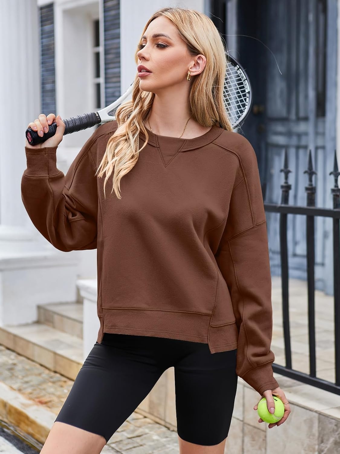 image:imageMEROKEETY Womens Crewneck Cropped Sweatshirts Trendy Oversized PulloverDarkbrown
