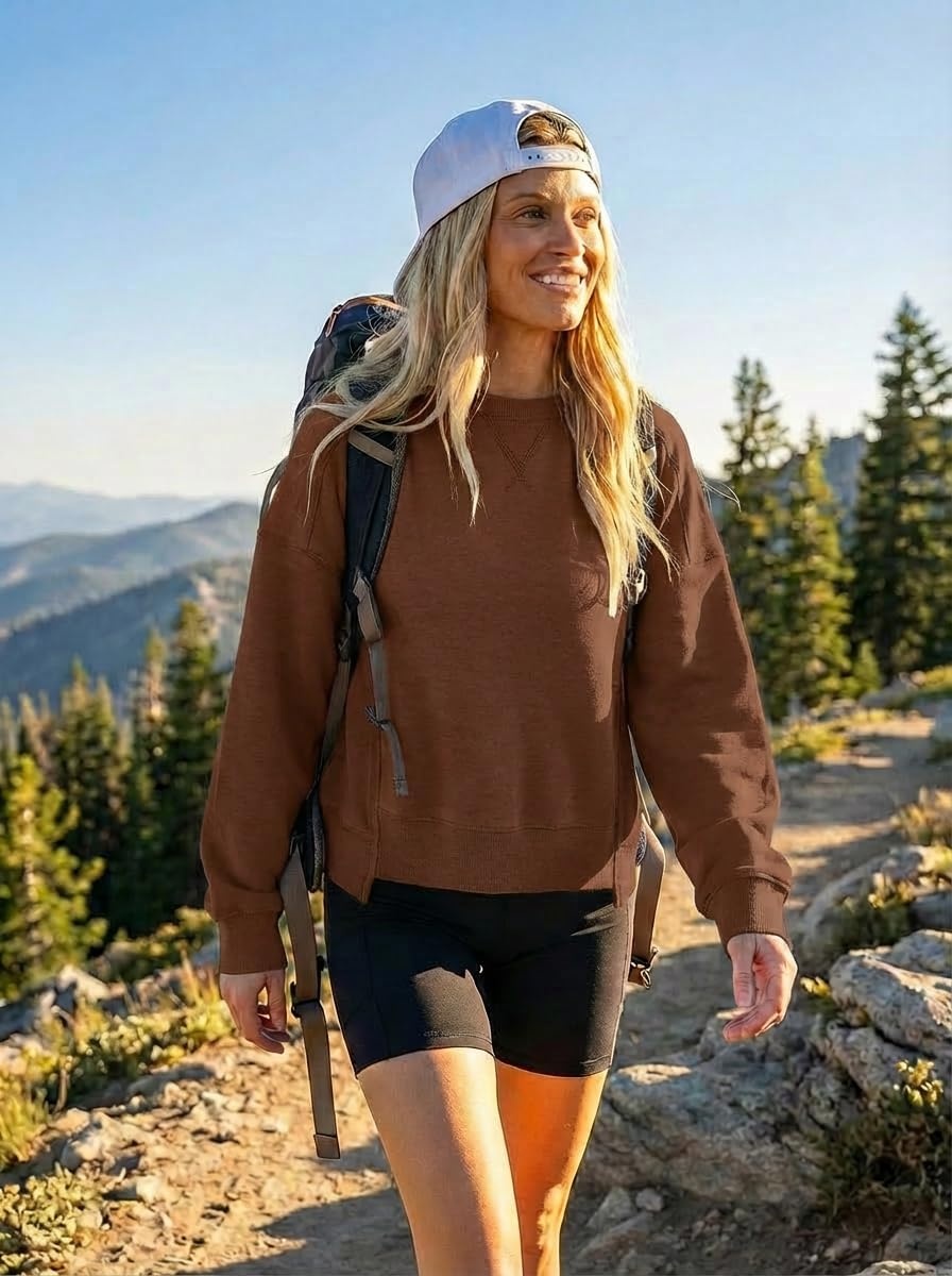 image:imageMEROKEETY Womens Crewneck Cropped Sweatshirts Trendy Oversized PulloverDarkbrown
