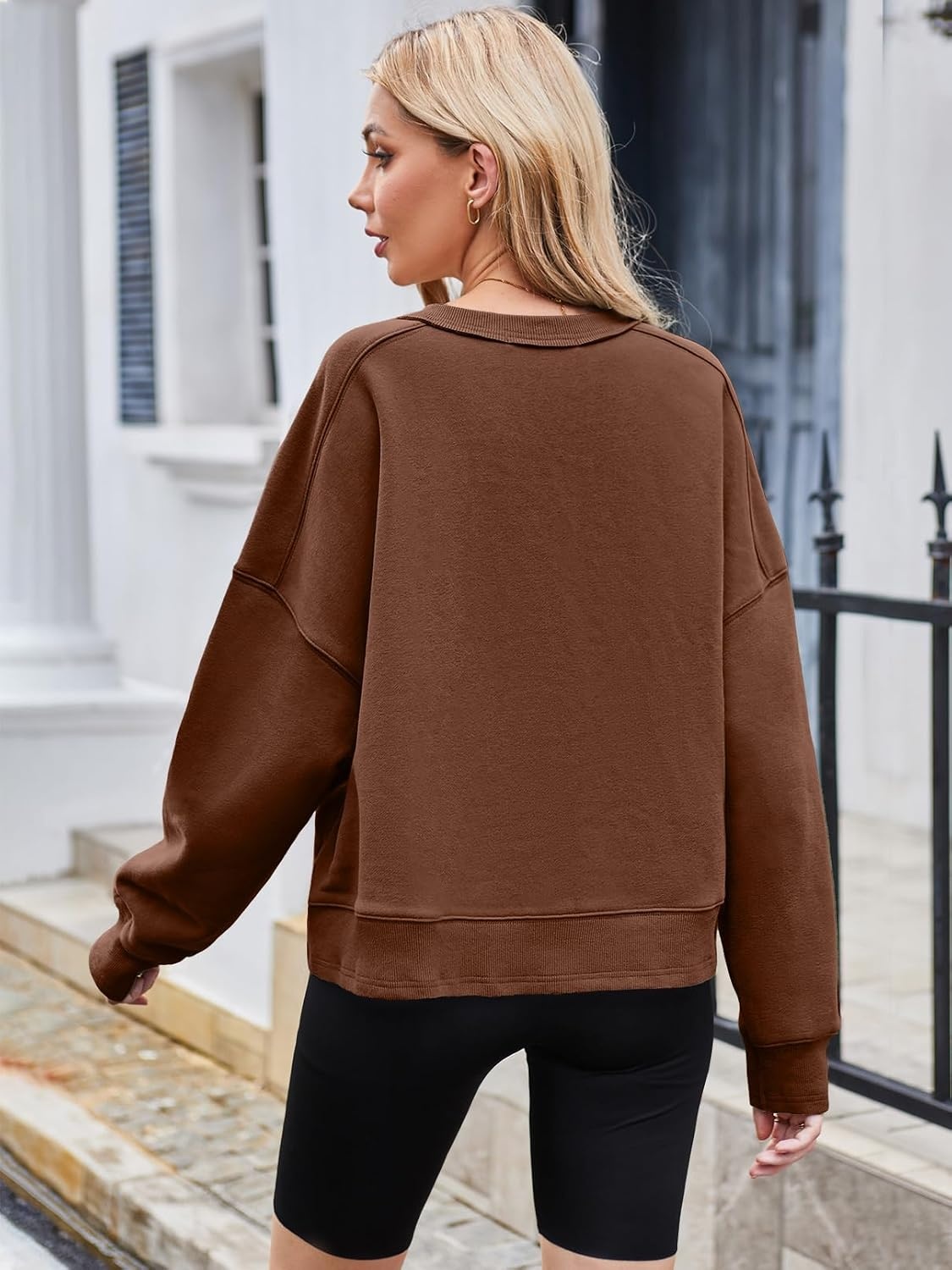 image:imageMEROKEETY Womens Crewneck Cropped Sweatshirts Trendy Oversized PulloverDarkbrown