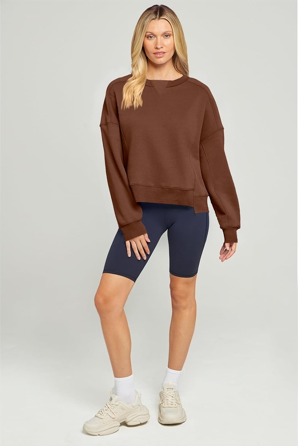 image:imageMEROKEETY Womens Crewneck Cropped Sweatshirts Trendy Oversized PulloverDarkbrown