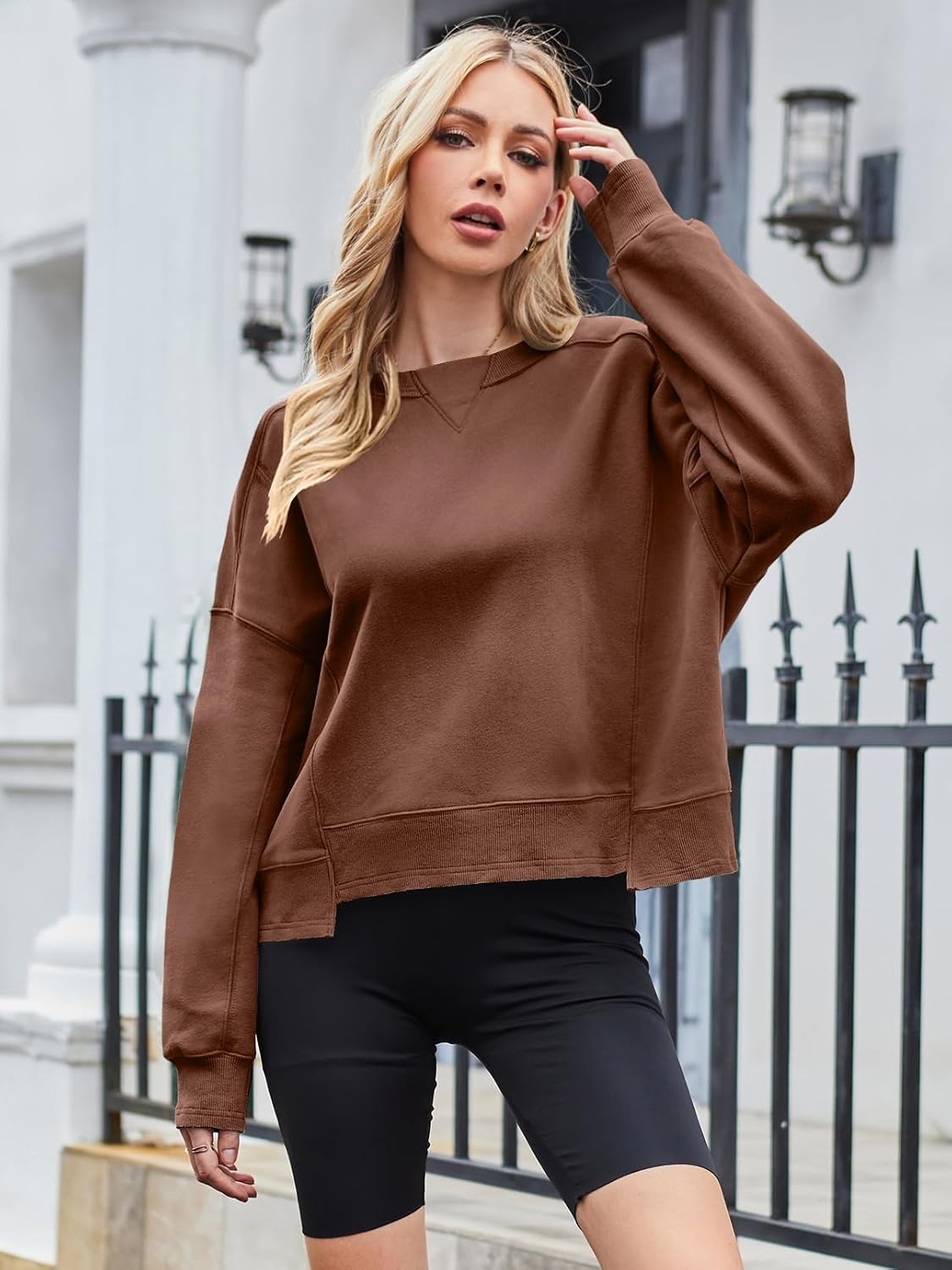 image:imageMEROKEETY Womens Crewneck Cropped Sweatshirts Trendy Oversized PulloverDarkbrown