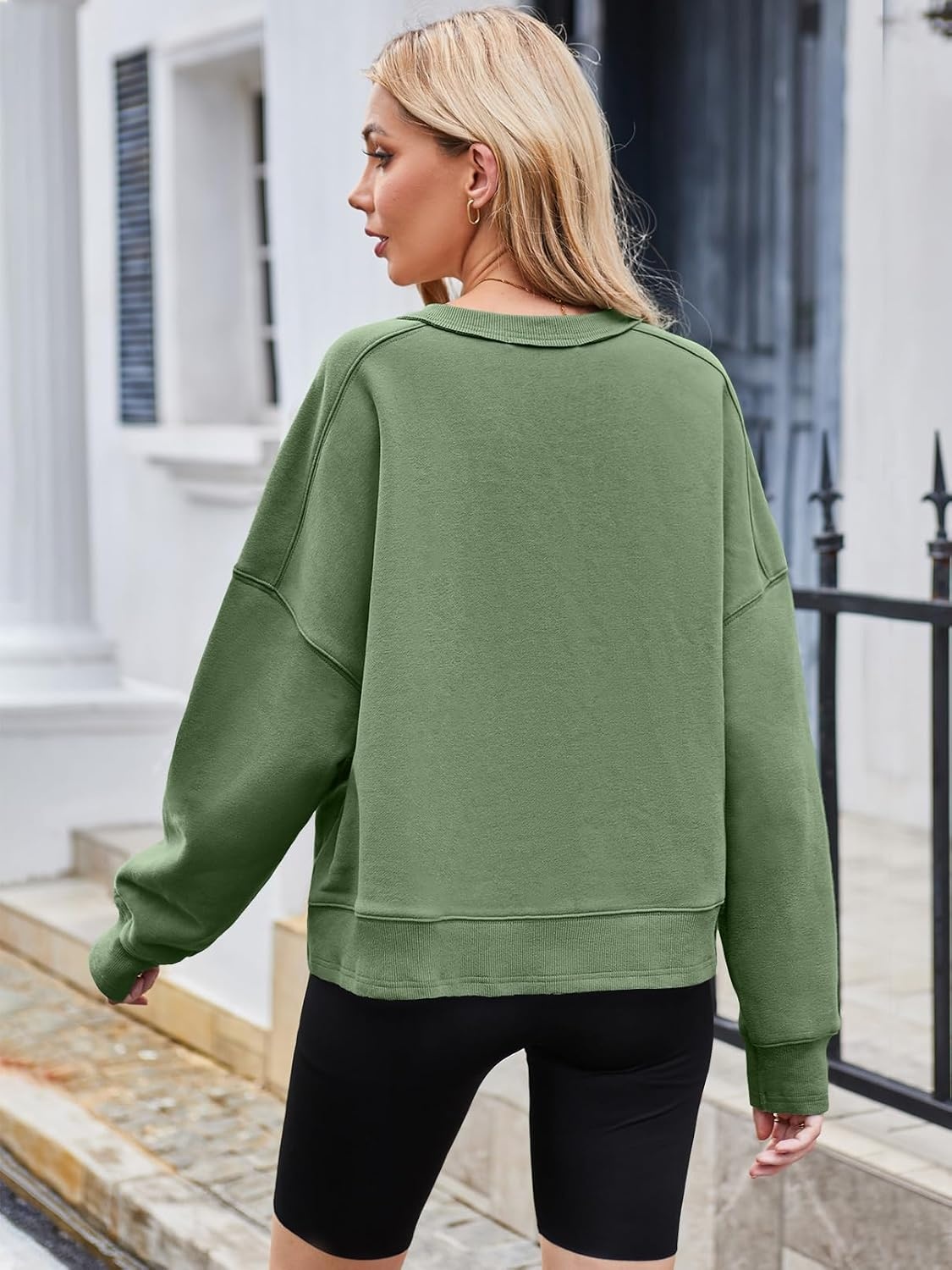 image:imageMEROKEETY Womens Crewneck Cropped Sweatshirts Trendy Oversized PulloverGreen