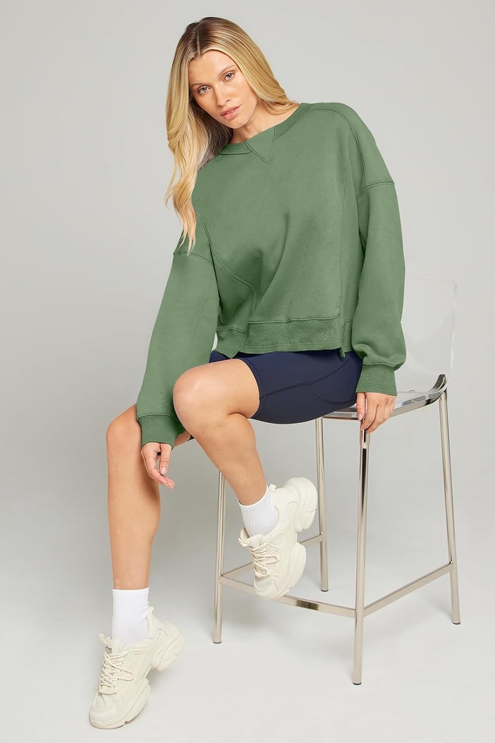 image:imageMEROKEETY Womens Crewneck Cropped Sweatshirts Trendy Oversized PulloverGreen