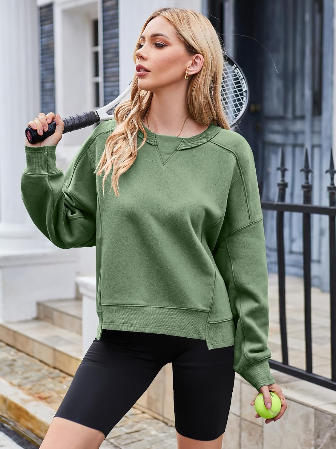 image:imageMEROKEETY Womens Crewneck Cropped Sweatshirts Trendy Oversized PulloverGreen