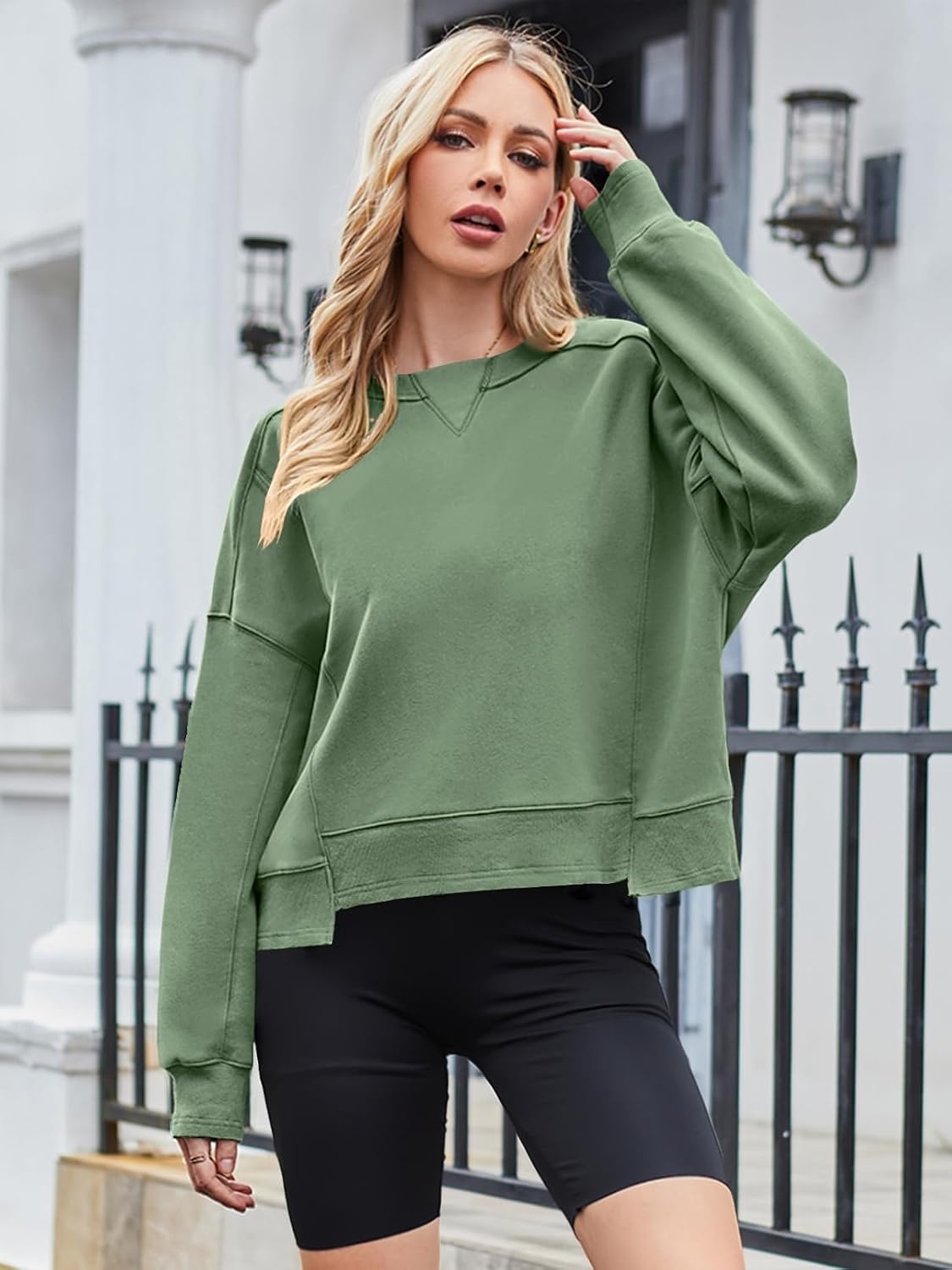 image:imageMEROKEETY Womens Crewneck Cropped Sweatshirts Trendy Oversized PulloverGreen