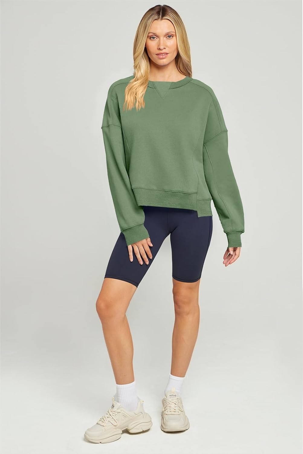 image:imageMEROKEETY Womens Crewneck Cropped Sweatshirts Trendy Oversized PulloverGreen