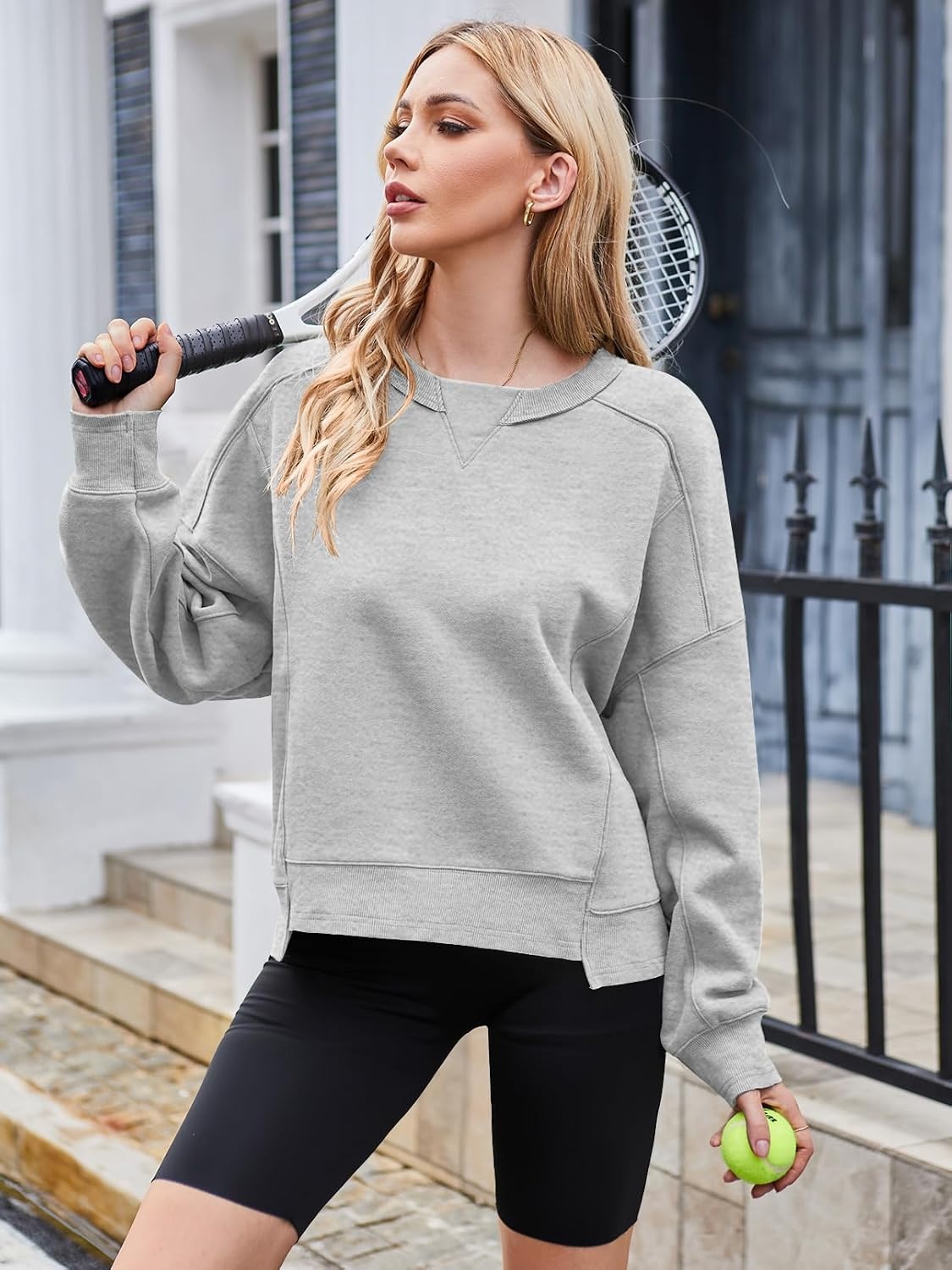 image:imageMEROKEETY Womens Crewneck Cropped Sweatshirts Trendy Oversized PulloverHeathergrey