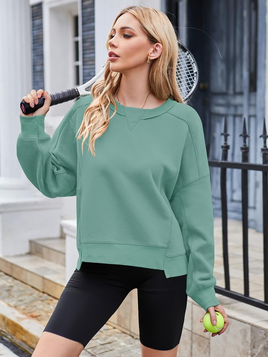 image:imageMEROKEETY Womens Crewneck Cropped Sweatshirts Trendy Oversized PulloverLightgreen