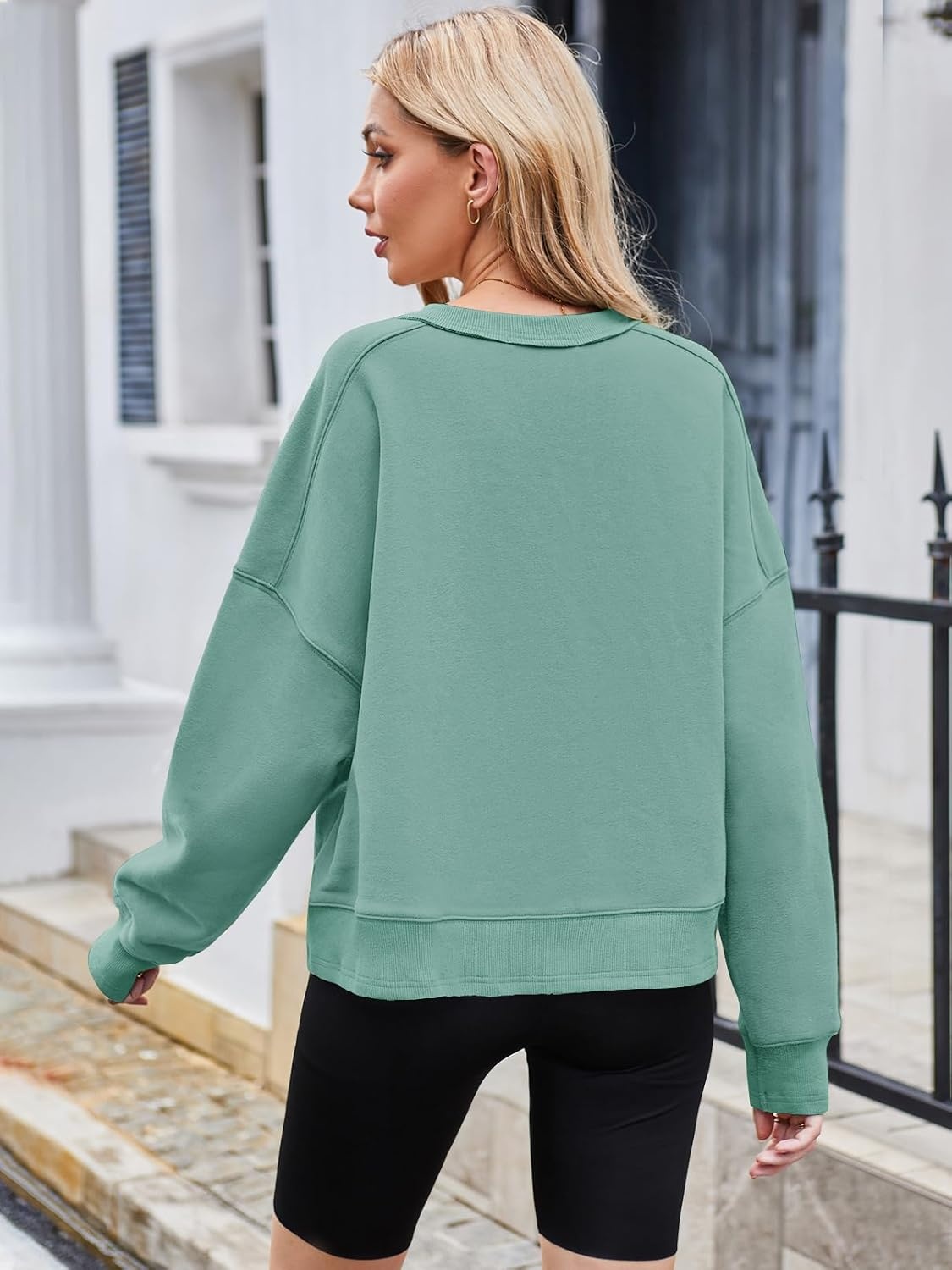 image:imageMEROKEETY Womens Crewneck Cropped Sweatshirts Trendy Oversized PulloverLightgreen