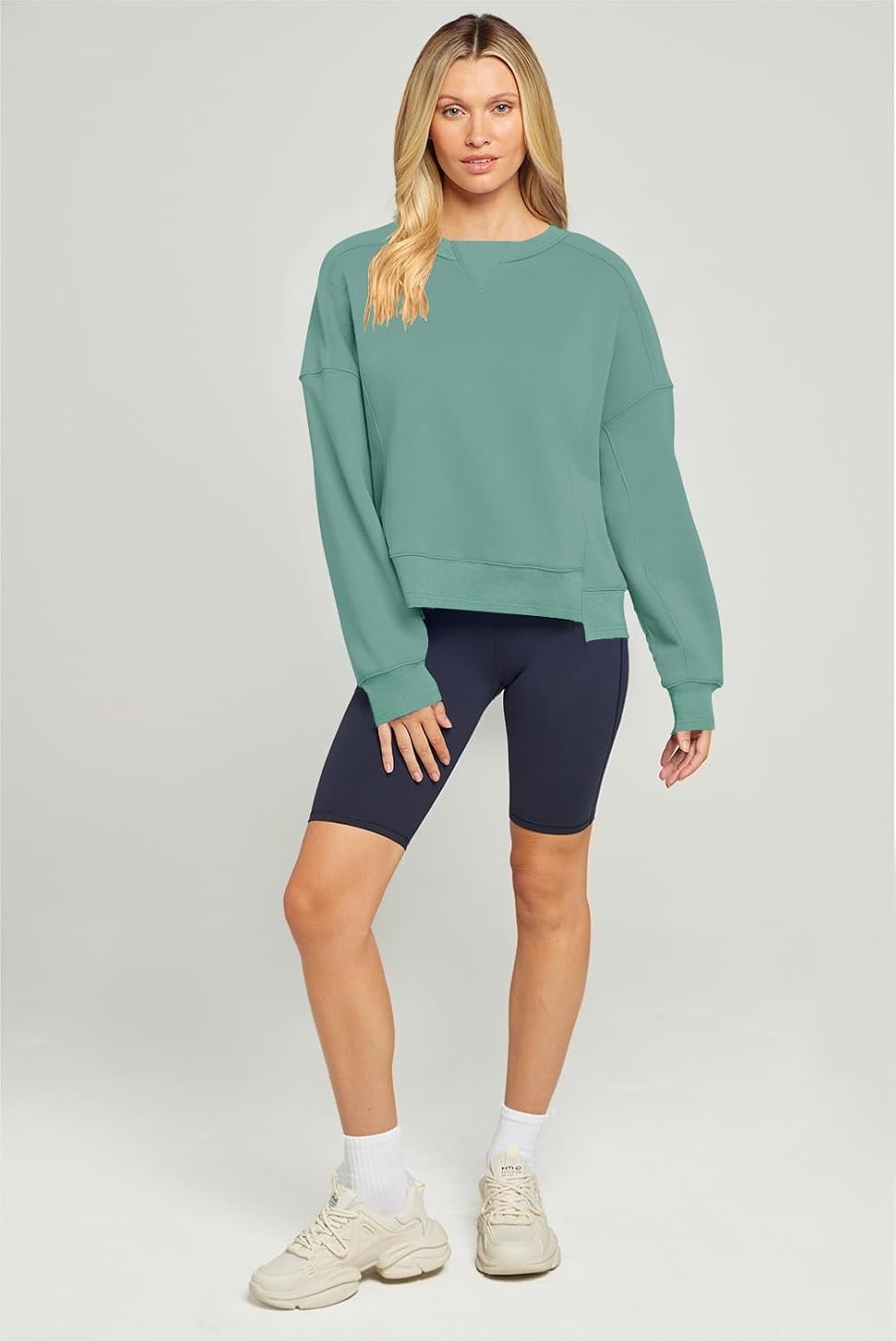 image:imageMEROKEETY Womens Crewneck Cropped Sweatshirts Trendy Oversized PulloverLightgreen