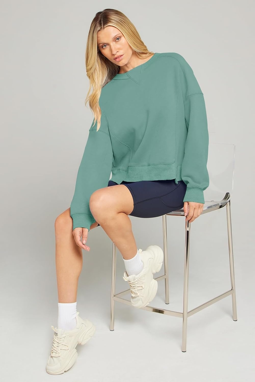 image:imageMEROKEETY Womens Crewneck Cropped Sweatshirts Trendy Oversized PulloverLightgreen