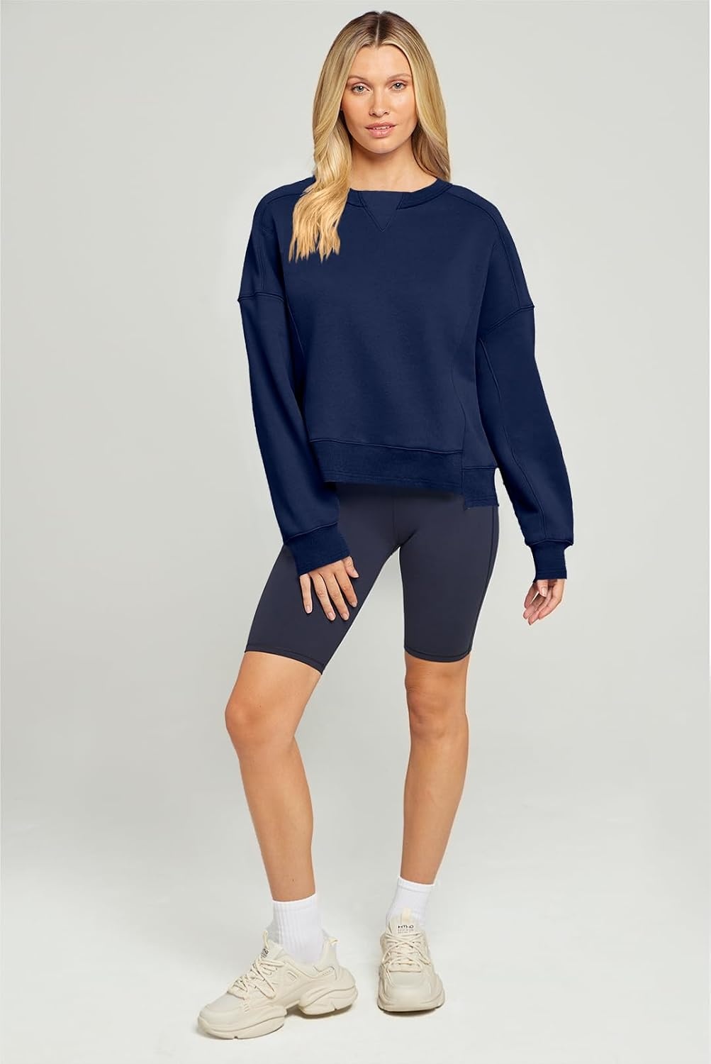 image:imageMEROKEETY Womens Crewneck Cropped Sweatshirts Trendy Oversized PulloverNavy