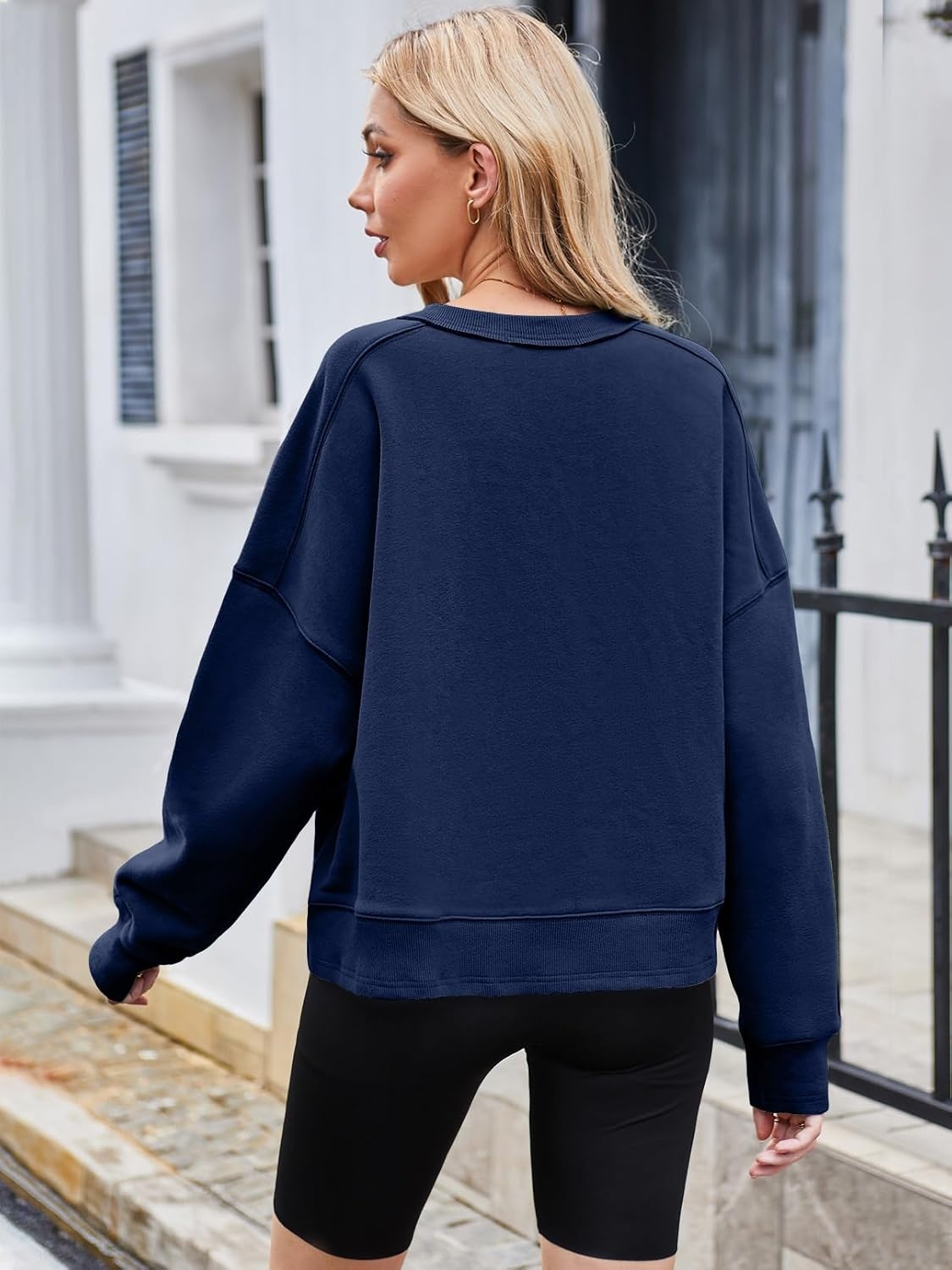 image:imageMEROKEETY Womens Crewneck Cropped Sweatshirts Trendy Oversized PulloverNavy