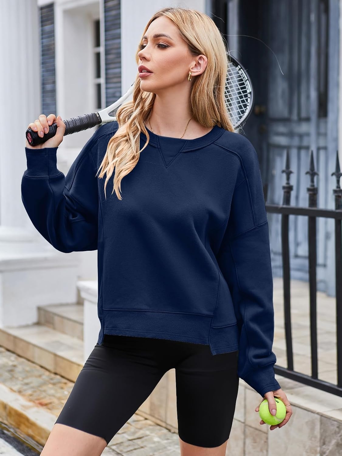 image:imageMEROKEETY Womens Crewneck Cropped Sweatshirts Trendy Oversized PulloverNavy