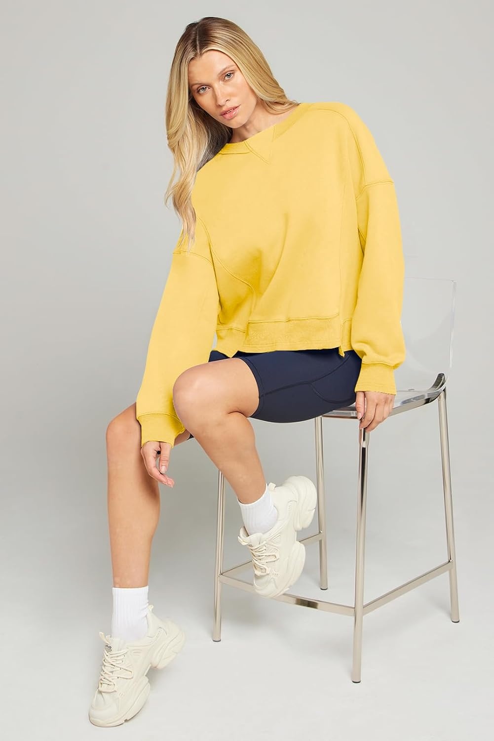 image:imageMEROKEETY Womens Crewneck Cropped Sweatshirts Trendy Oversized PulloverYellow